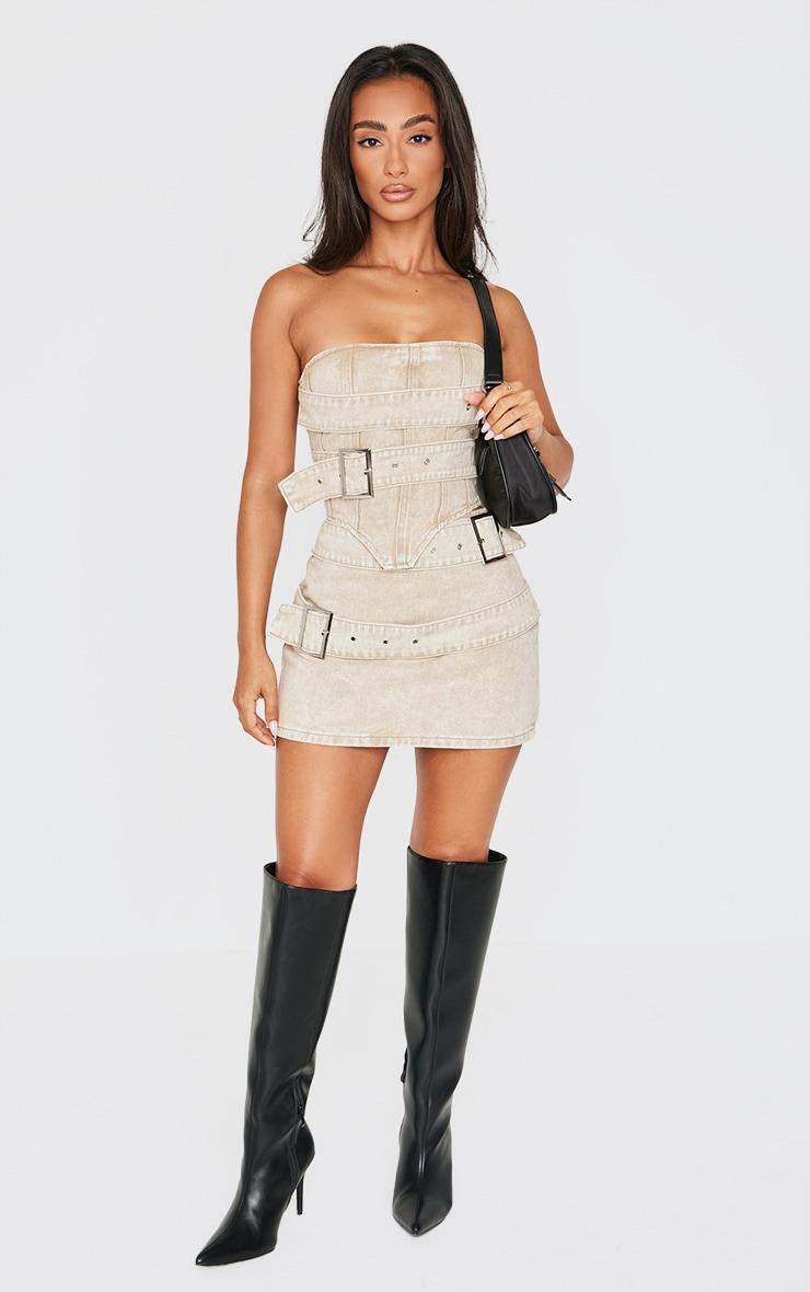 Petite Washed Stone Buckle Detail Denim Mini Skirt Product Image