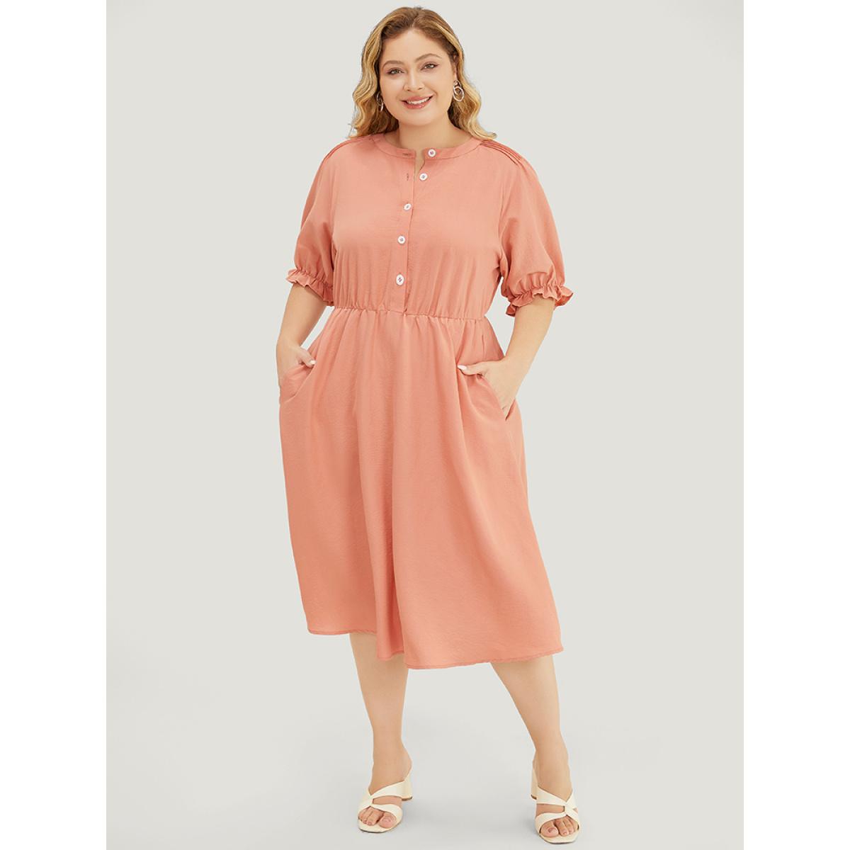 Plus Size Plain Ruffles Pocket Button Up Puff Sleeve Pleated Dress Salmon Women Office Pleated Round Neck Short sleeve Curvy Midi Dress BloomChic 14-16/1X Product Image