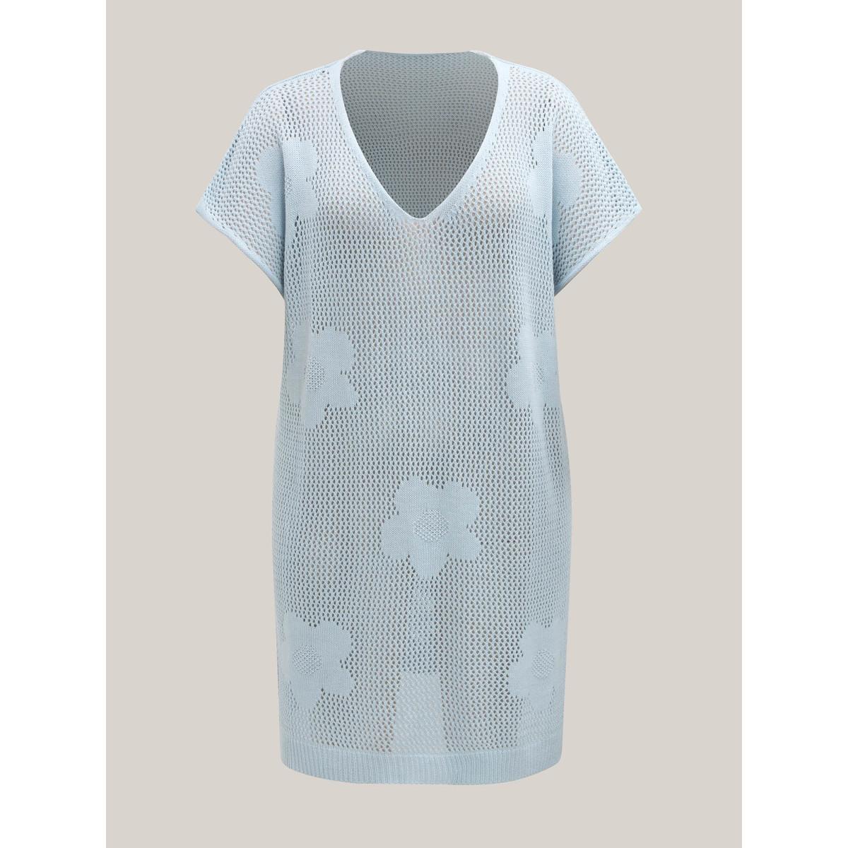 Plus Size Floral Pattern Jacquard Slit Swim Cover-Up Women's Swimwear LightBlue Beach Loose Cut-Out Curve Swim Cover Ups BloomChic 18-20/2X Product Image