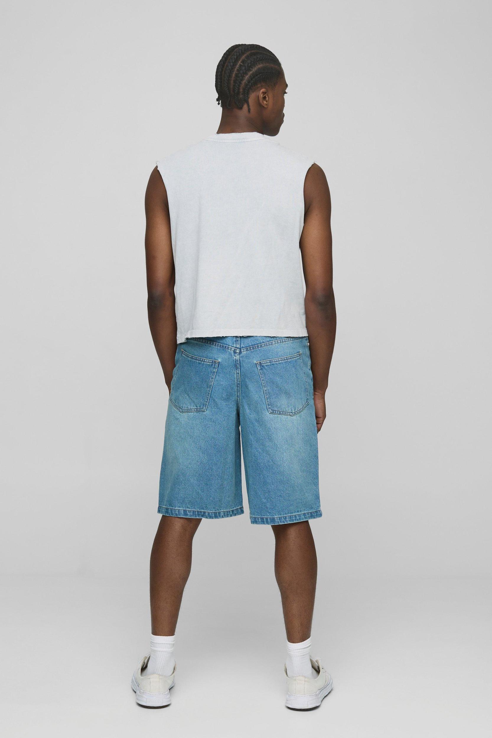 Regular Antique Blue Washed Ripped Denim Jorts | boohooMAN USA Product Image