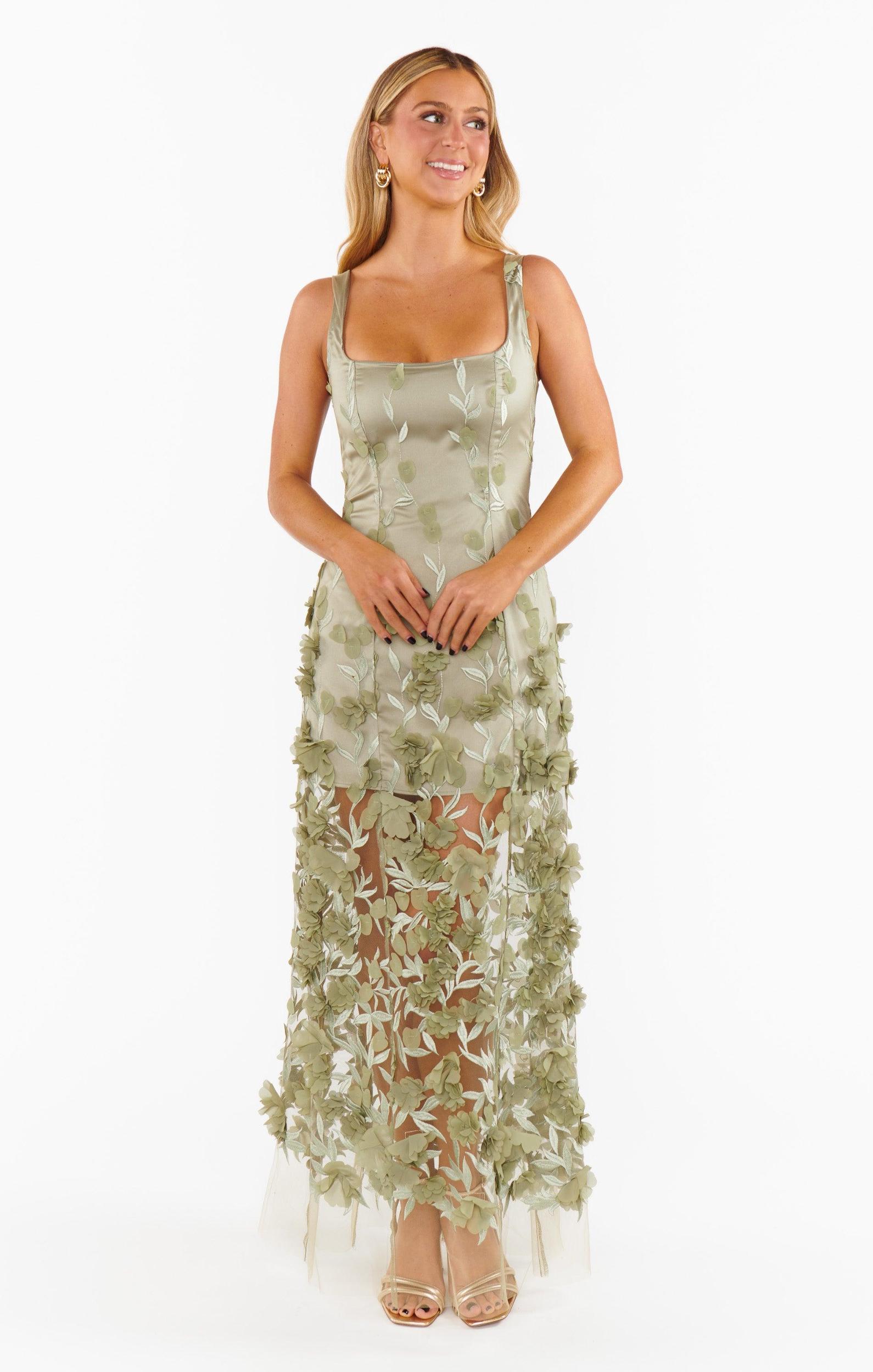 Stephanie Dress ~ Moss Green 3D Floral Product Image