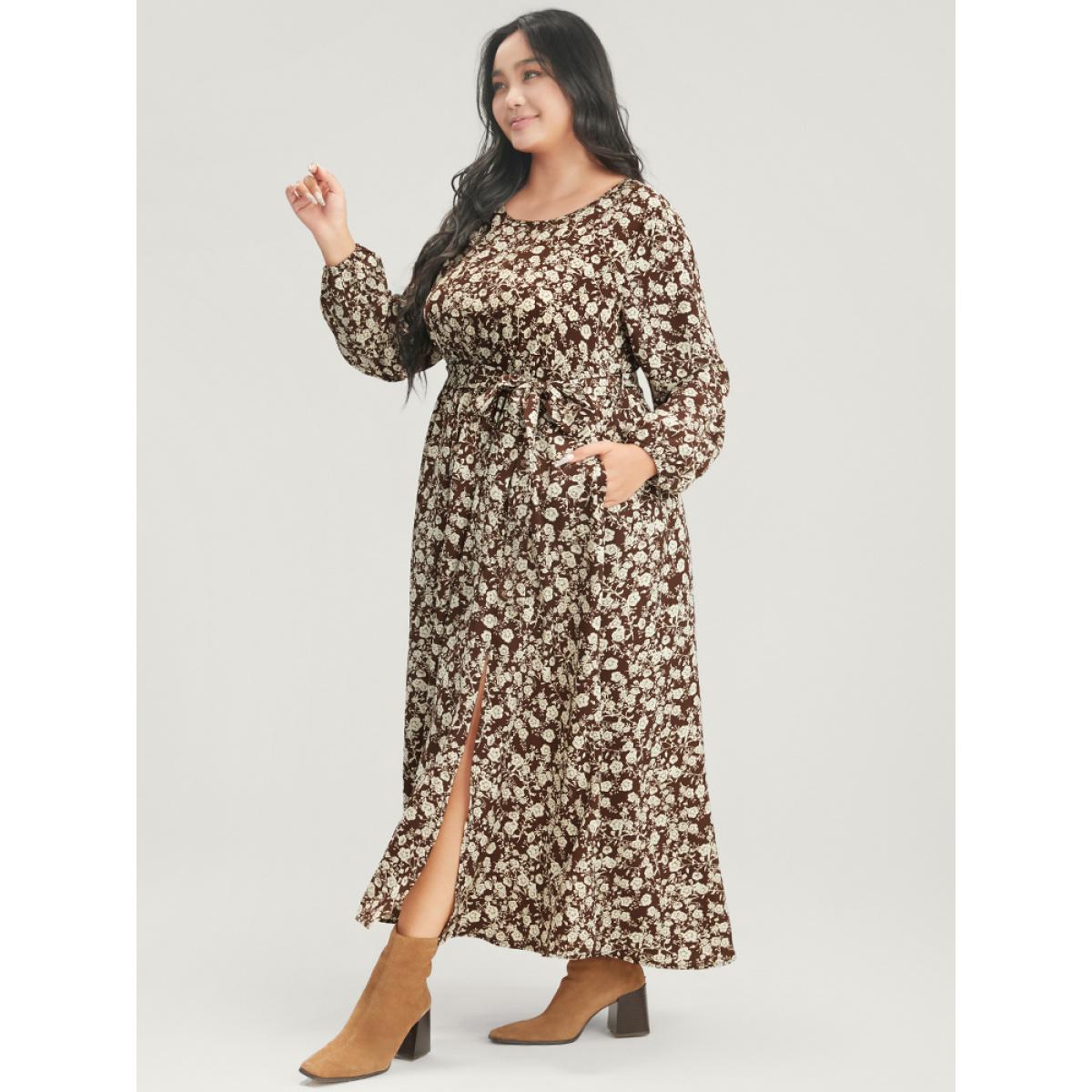 Plus Size Floral Pocket Lantern Sleeve Belted Split Hem Dress DarkBrown Women Elegant Belted Round Neck Long Sleeve Curvy Long Dress BloomChic 22-24/3X Product Image