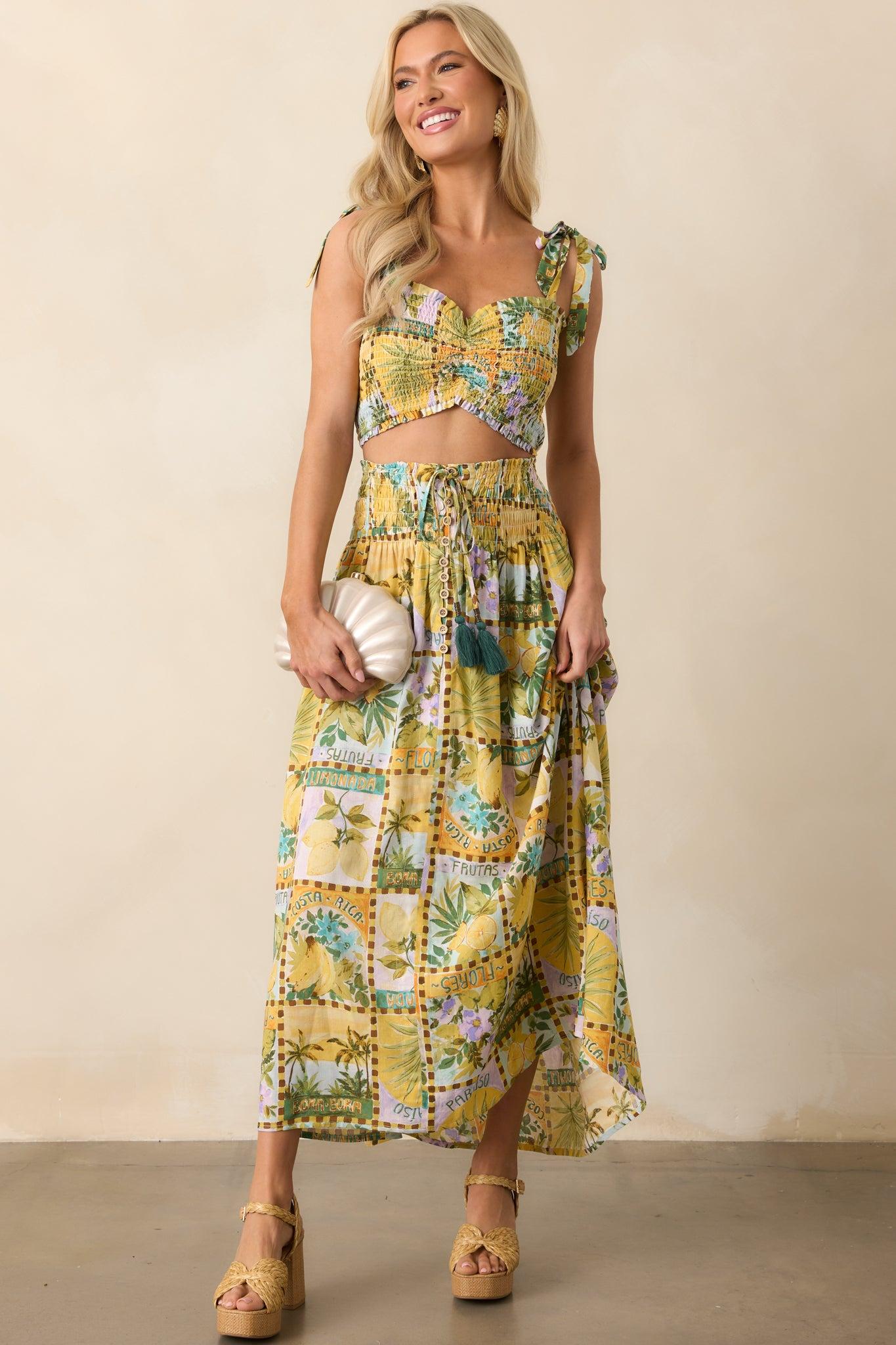 Shore Thing Green Tropical Print Smocked Crop Top Product Image