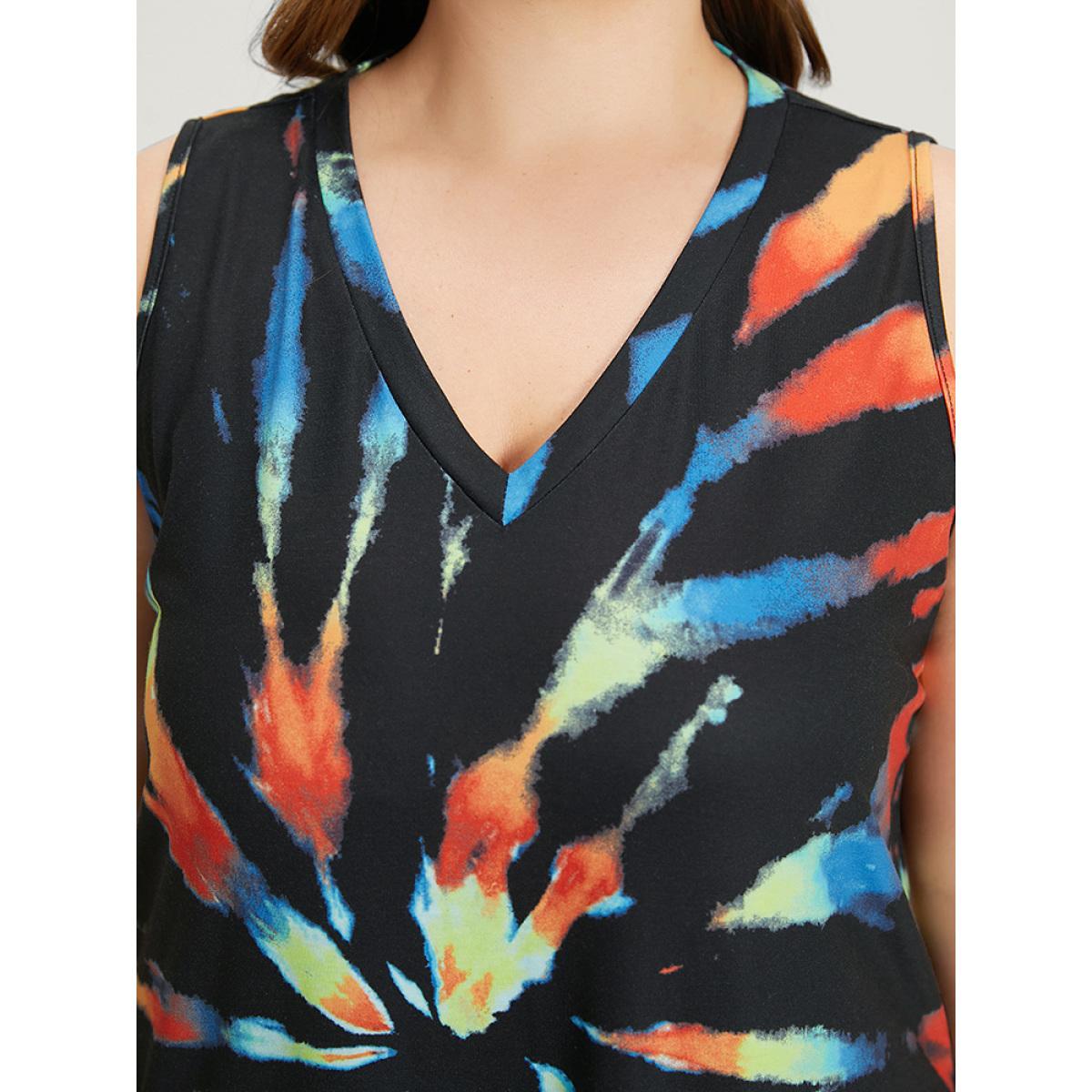 Plus Size Tie Dye Pocket Curved Hem Tank Dress Black Women Casual Tie Dye V-neck Sleeveless Curvy Midi Dress BloomChic 18-20/2X Product Image