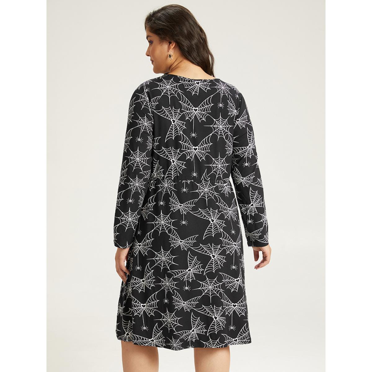Plus Size Halloween Print Pocket Elastic Waist Crisscross Dress Black Women Casual Printed Round Neck Long Sleeve Curvy Midi Dress BloomChic 30/6X Product Image