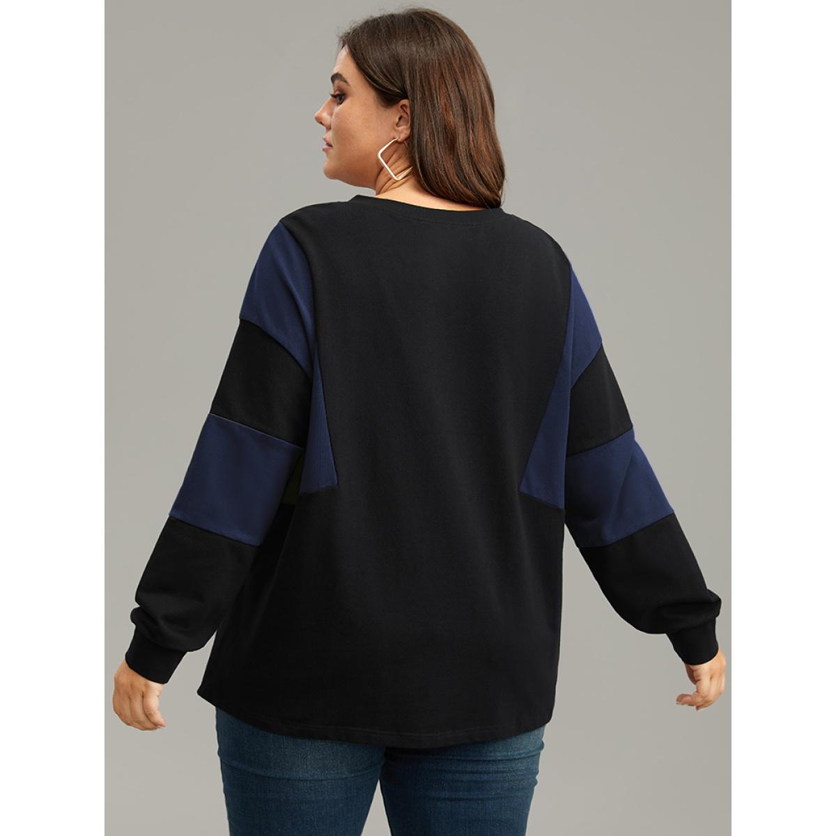 Plus Size Cotton Colorblock Contrast Lace Up Sweatshirt Women Blue Casual Elastic cuffs V-neck Dailywear Sweatshirts BloomChic 10/M Product Image