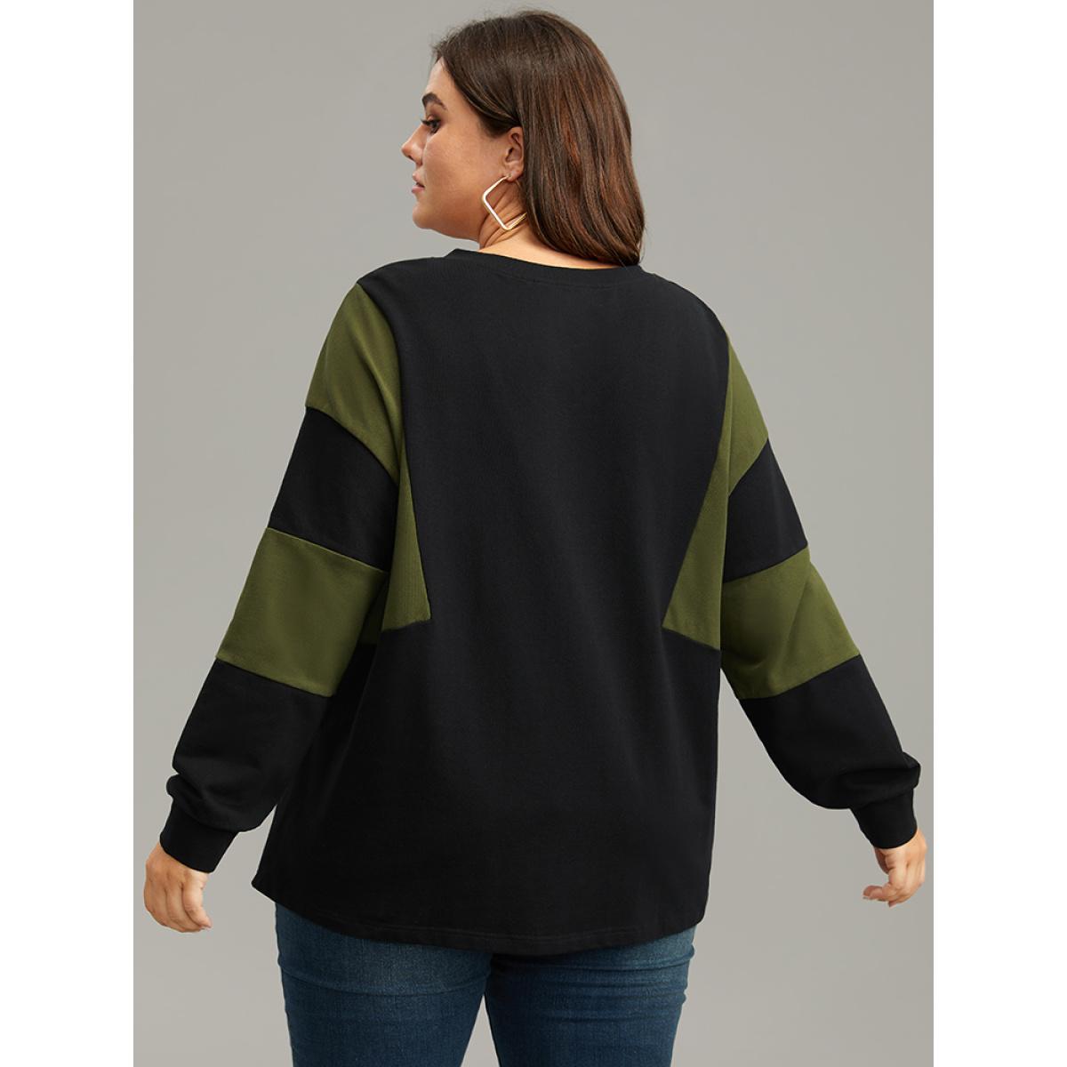 Plus Size Cotton Colorblock Contrast Lace Up Sweatshirt Women Gray Casual Elastic cuffs V-neck Dailywear Sweatshirts BloomChic 28/5X Product Image