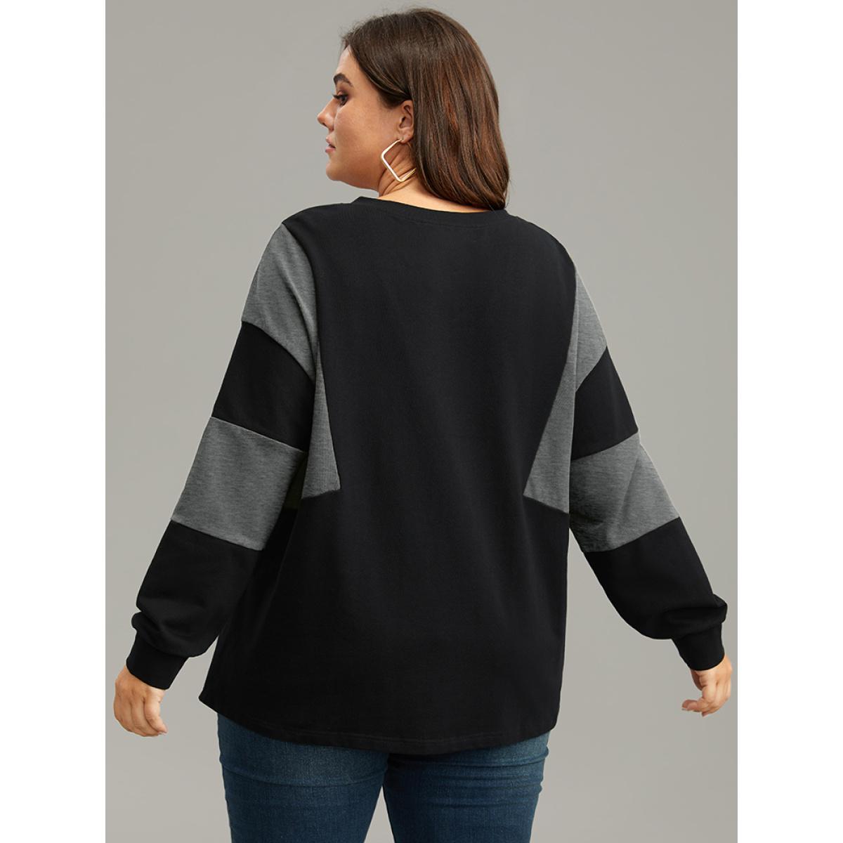 Plus Size Cotton Colorblock Contrast Lace Up Sweatshirt Women Gray Casual Elastic cuffs V-neck Dailywear Sweatshirts BloomChic 28/5X Product Image