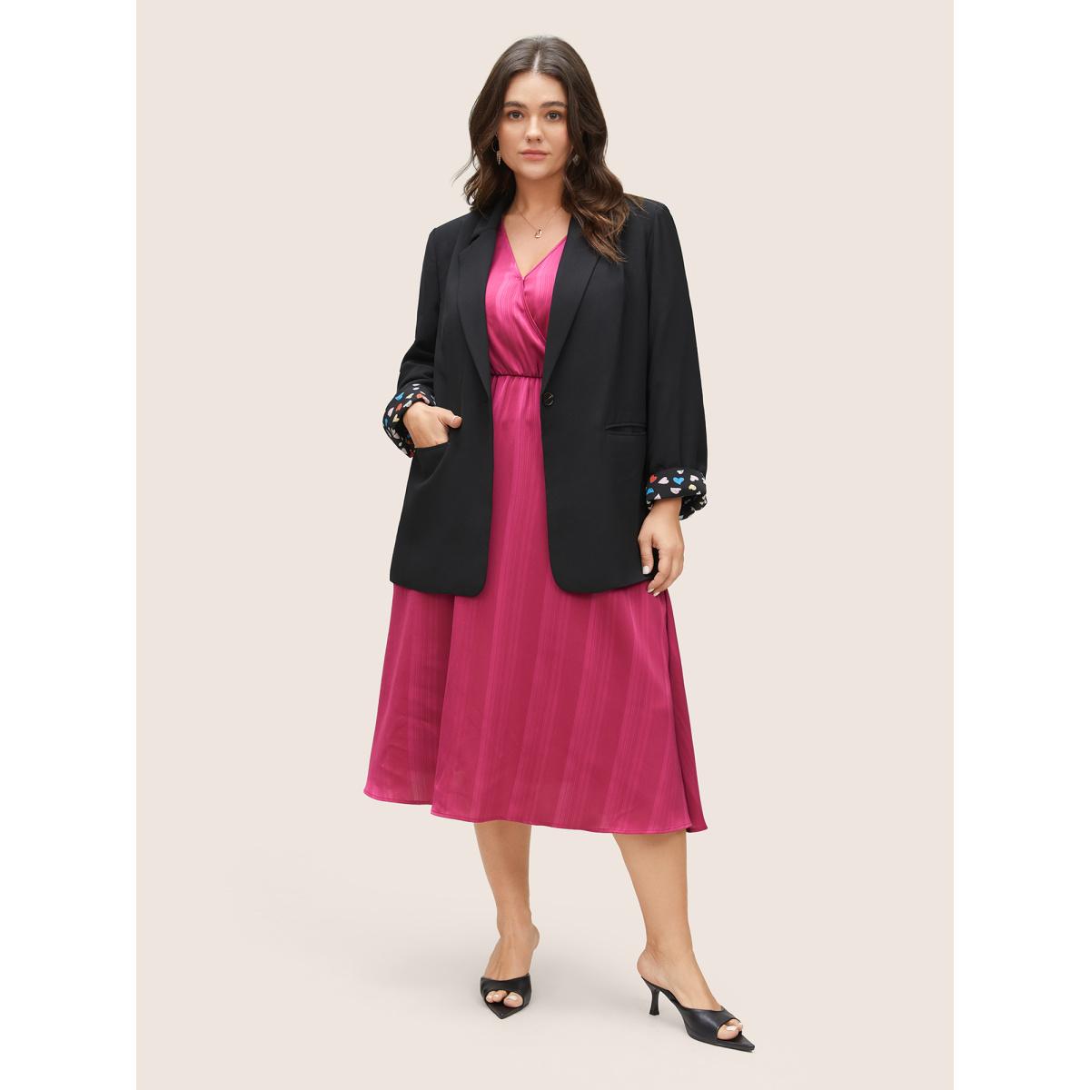 Plus Size Colour Heart Lined Suit Collar Pocket Blazer Black Women Work Heart Print Non Sleeve Long Sleeve Suit Collar 10/M Double-flap pocket At the Office Blazers BloomChic Product Image