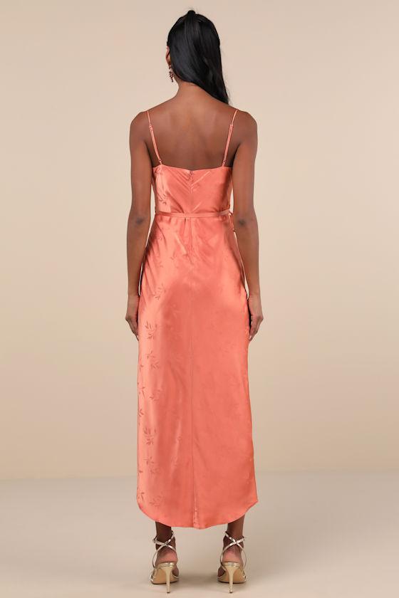 Sophisticated Sight Peach Satin Jacquard Cowl Midi Dress Product Image