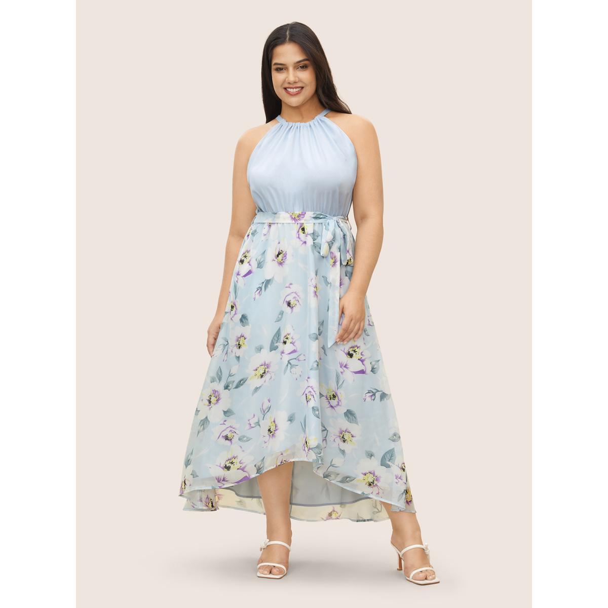 Plus Size Floral Patchwork Halter Ties High Low Hem Dress LightBlue Women Elegant Non Halter neck Sleeveless Curvy Midi Dress BloomChic 28/5X Product Image