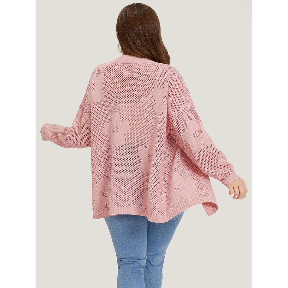 Plus Size Floral Graphic Eyelet Open Front Cardigan Pink Women Casual Loose Long Sleeve Dailywear Cardigans BloomChic 28/5X Product Image