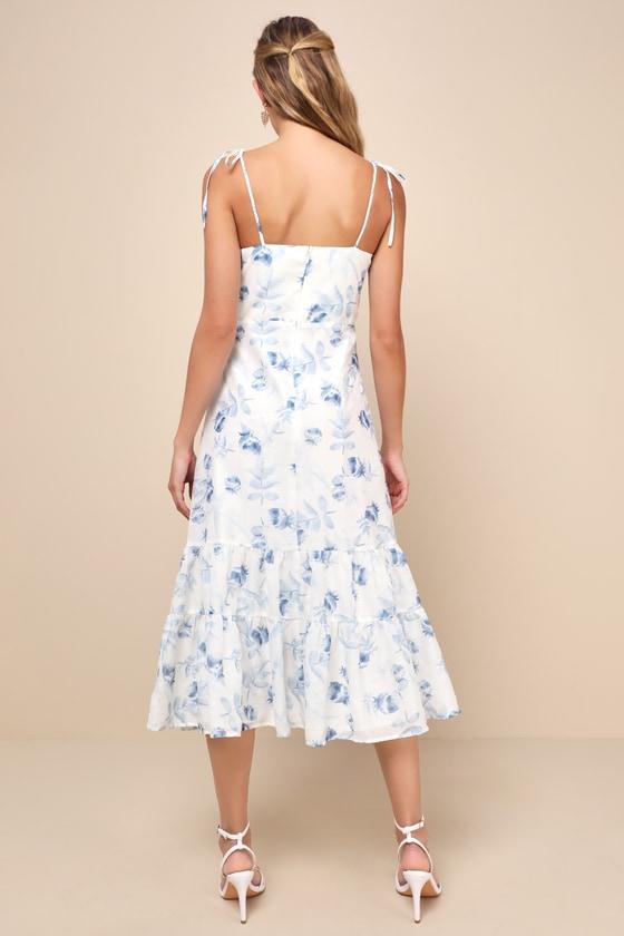 Airy Romance Ivory Floral Print Tiered Tie-Strap Midi Dress Product Image
