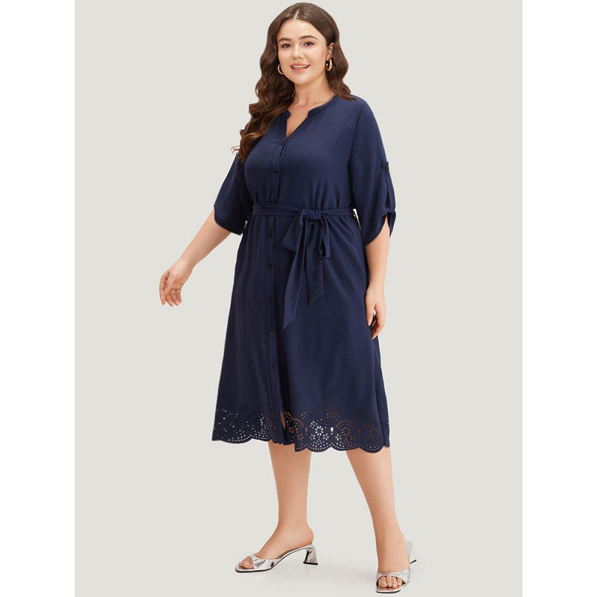 Plus Size Plain Notched Belted Laser Cut Tab Sleeve Dress Navy Women Office Plain Notched collar Half Sleeve Curvy Midi Dress BloomChic 12/L Product Image