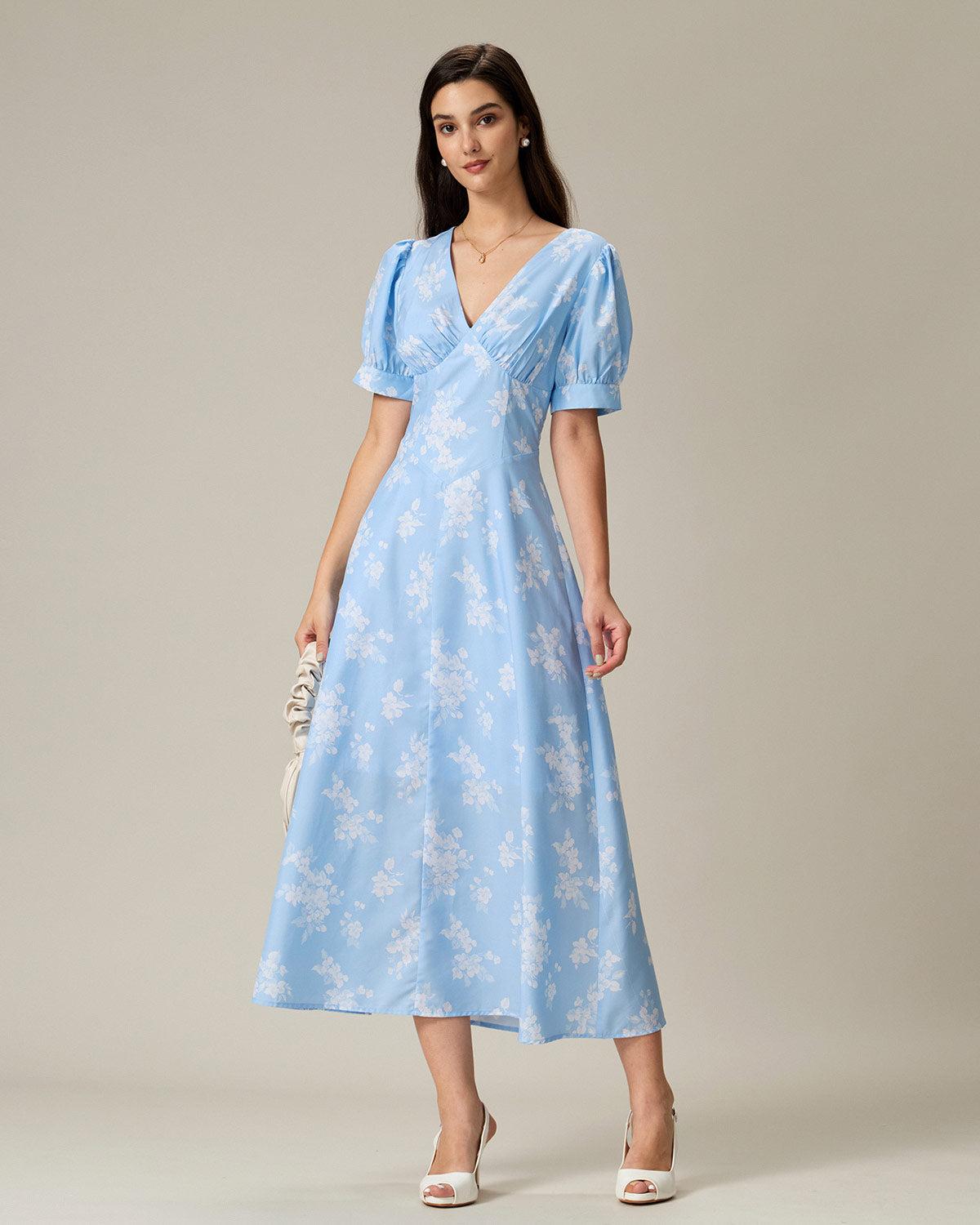 Blue Floral Puffed Sleeve Ruched Midi Dress Product Image
