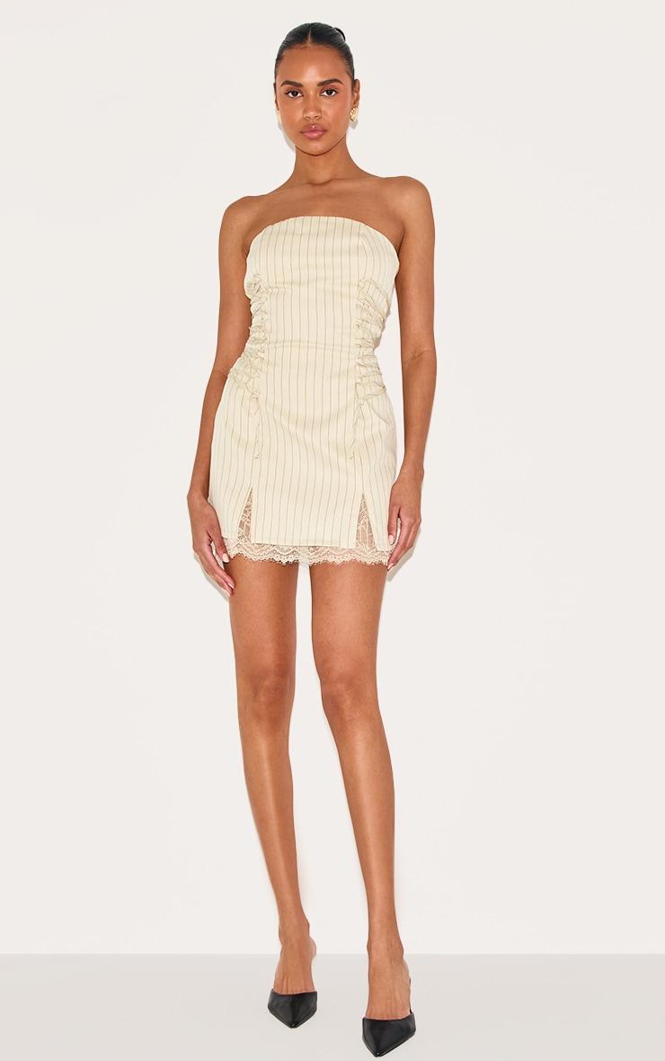 Cream Pinstripe Bandeau Lace Trim Shift Dress Product Image