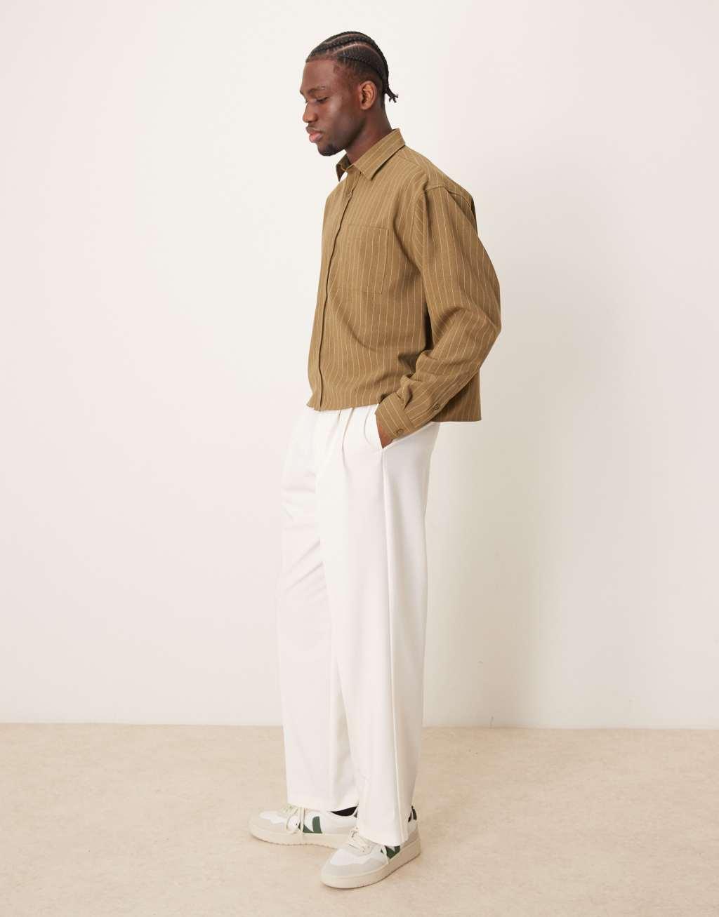 ASOS DESIGN oversized boxy shirt in khaki stripe Product Image