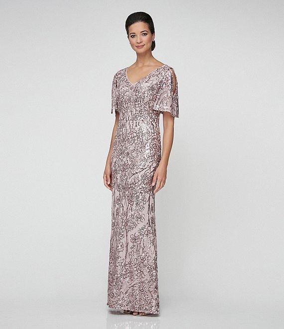 Alex Evenings Floral Sequin Cold Shoulder Short Flutter Sleeve V-Neck Sheath Long Gown Product Image