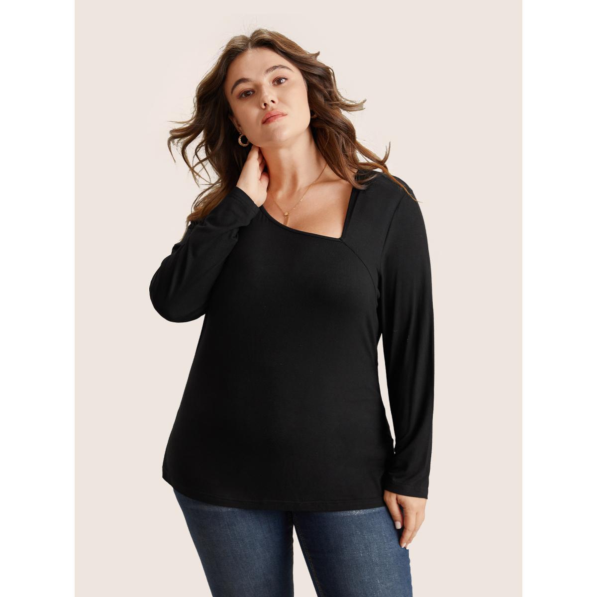 Plus Size Solid Asymmetrical Neck Knit T-shirt Black Women Elegant Non Plain Everyday T-shirts BloomChic 18-20/2X Product Image
