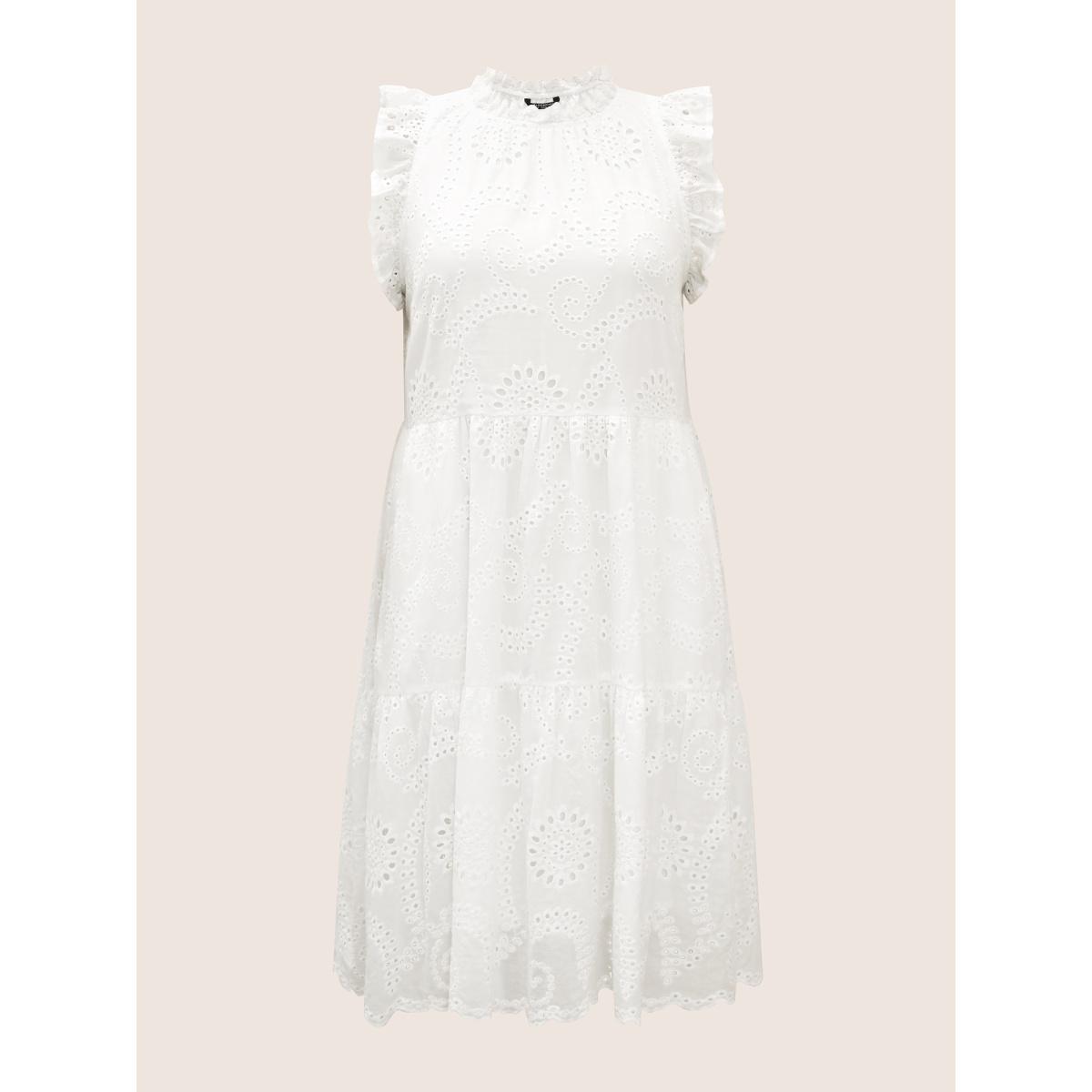Plus Size Mock Neck Broderie Anglaise Ruffle Trim Dress White Women Resort Patchwork Round Neck Cap Sleeve Curvy Midi Dress BloomChic 10/M Product Image