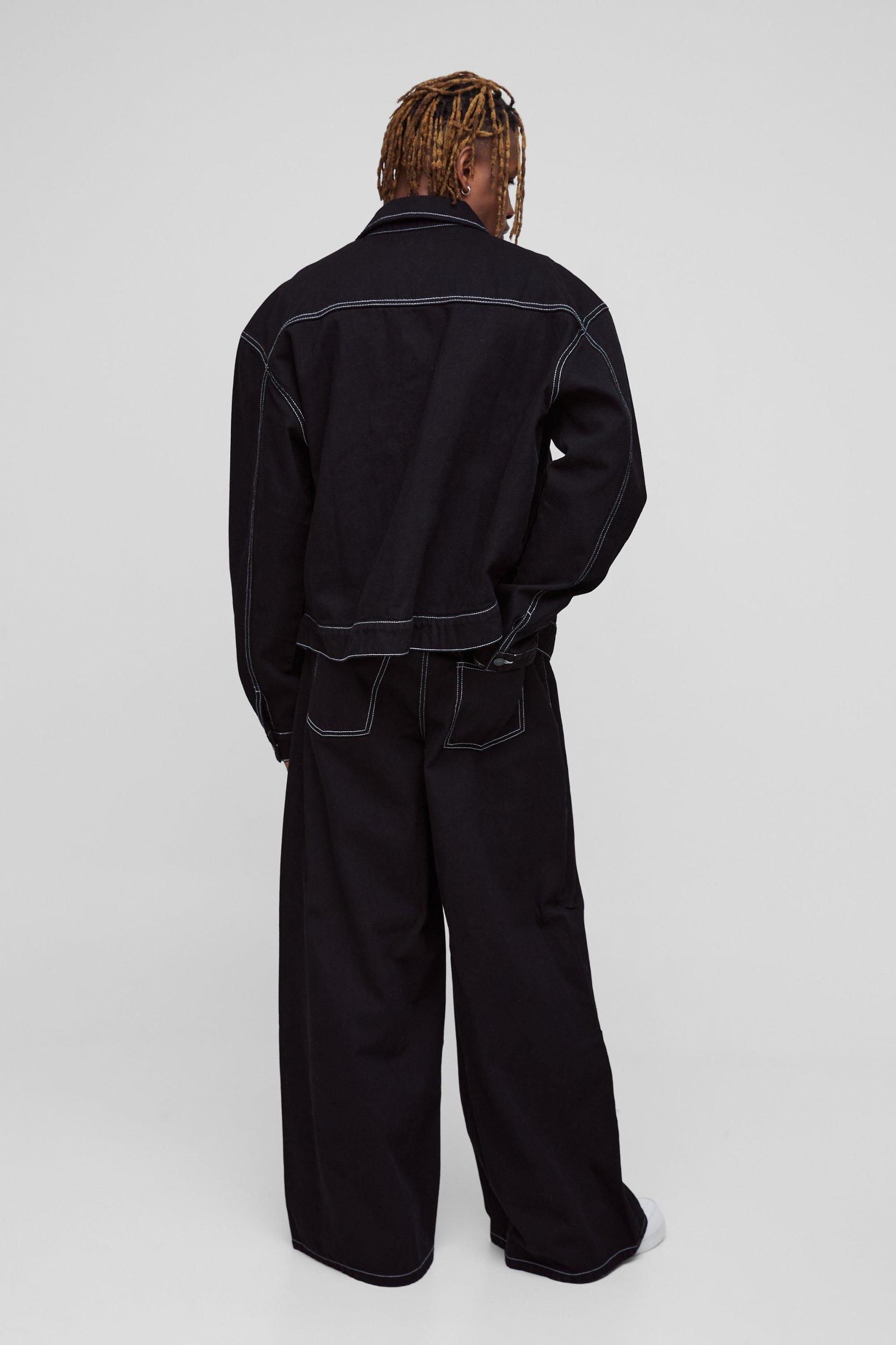 Tall Boxy Oversized Contrast Stitch Jean Jacket | boohooMAN USA Product Image