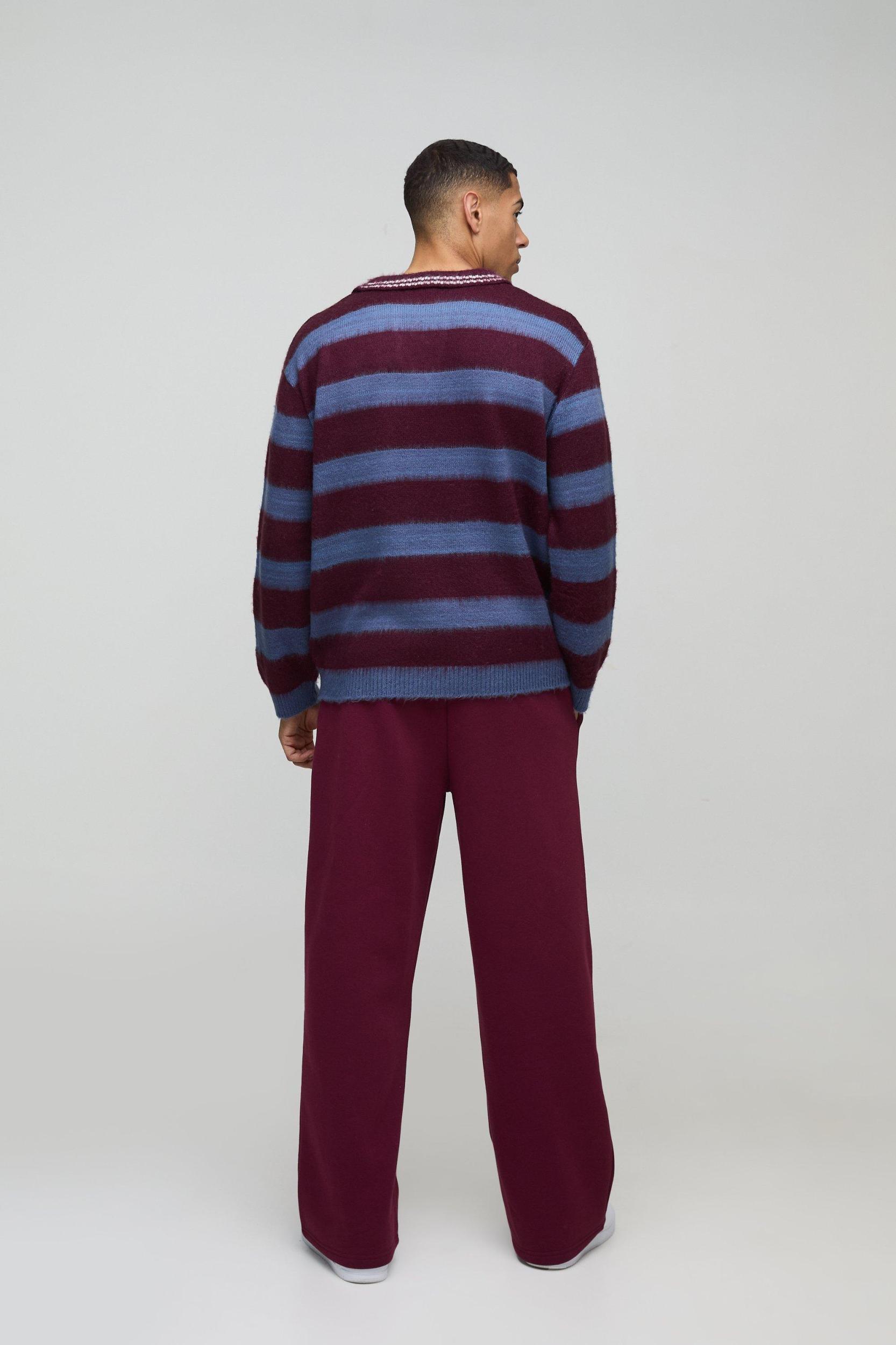 Homme Oversized V Neck Brushed Striped Knitted Polo | boohooMAN USA Product Image