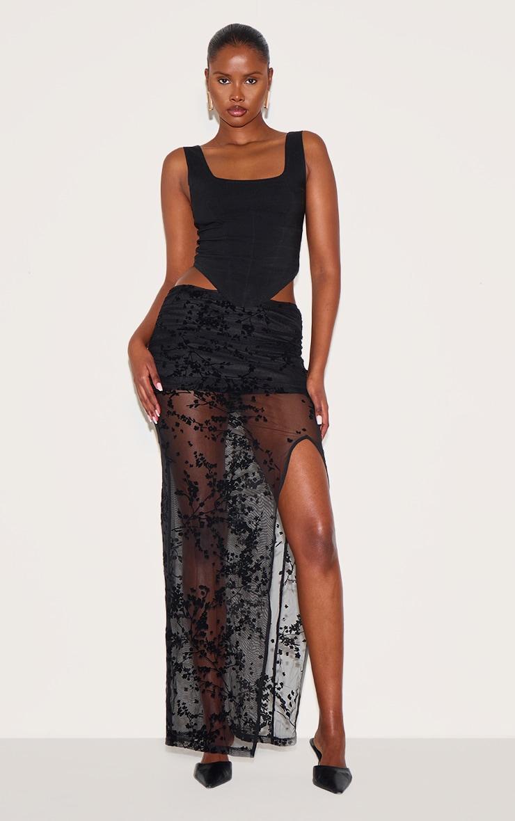Black Devore Mesh Foldover Slit Maxi Skirt Product Image