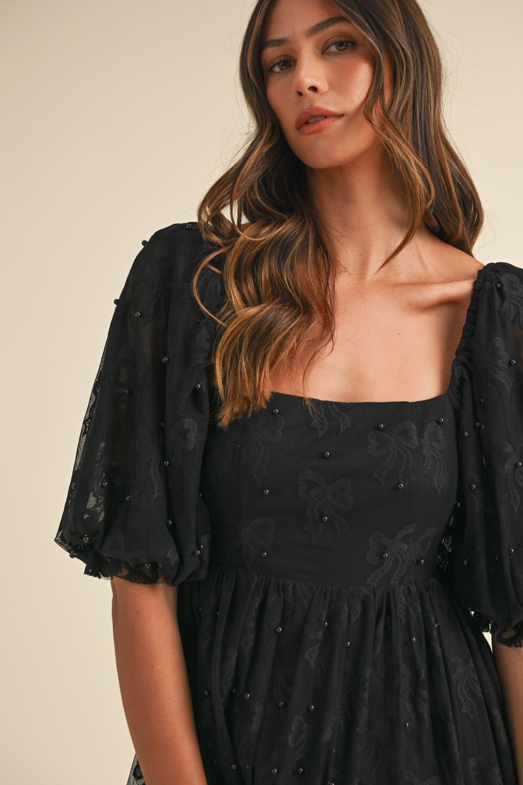 Jacquard Bow & Pearl Detail Mesh Dress Product Image