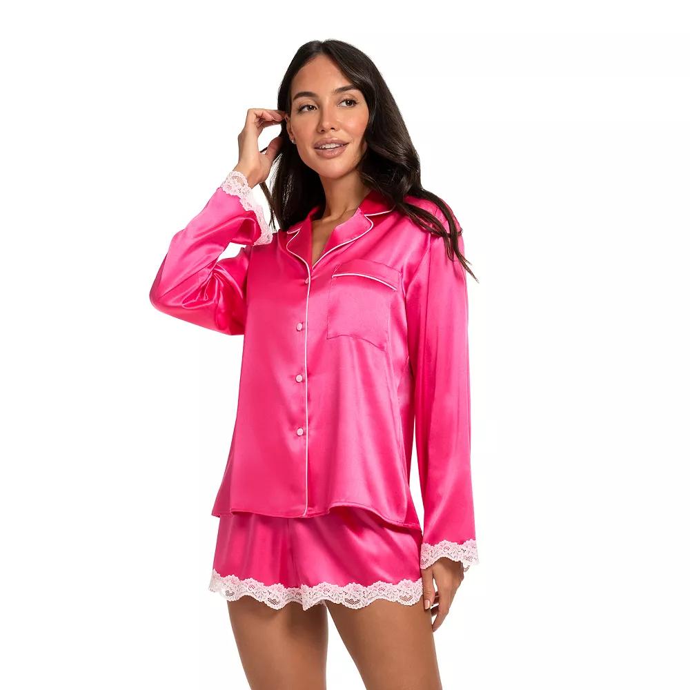 Women's Lilac+London 2-Piece Long Sleeve Pajama Top & Pajama Shorts Set, Size: Small, Solid Pink Product Image