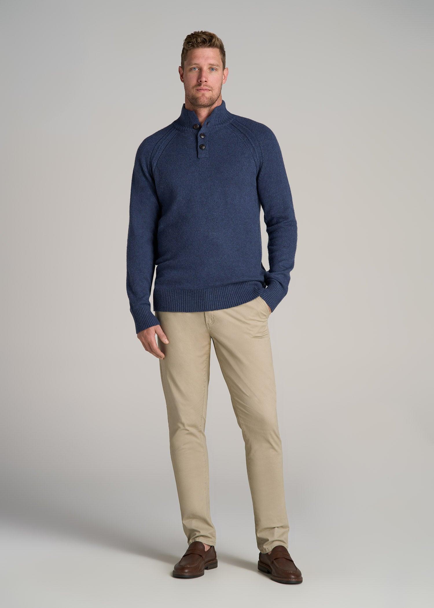 Three-Button Mock Neck Sweater for Tall Men in Deep Cobalt Mix Male Product Image