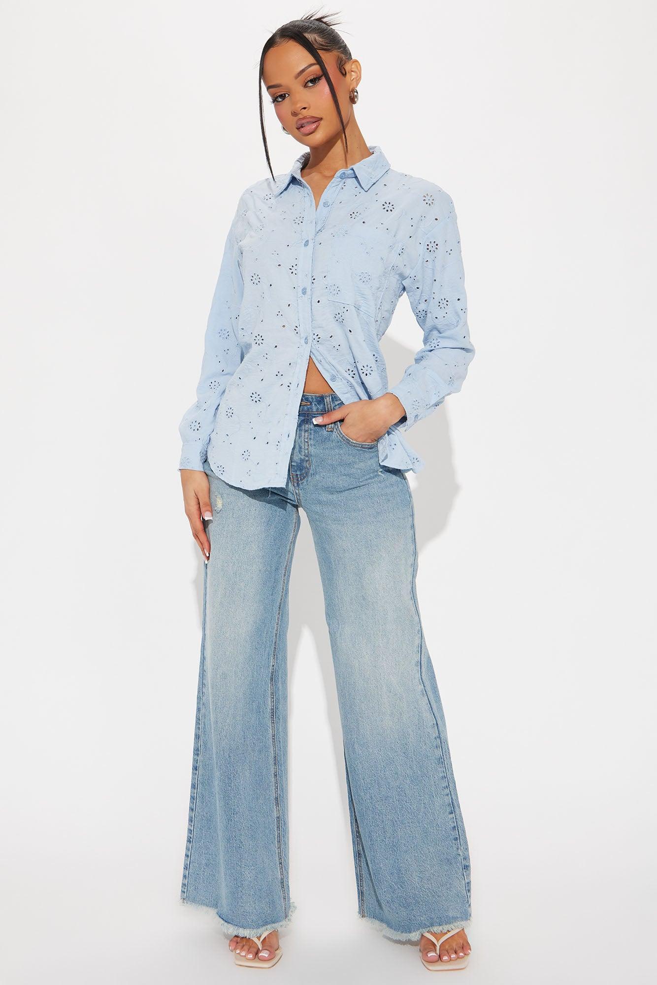 Life Is Breezy Eyelet Shirt - Blue Product Image