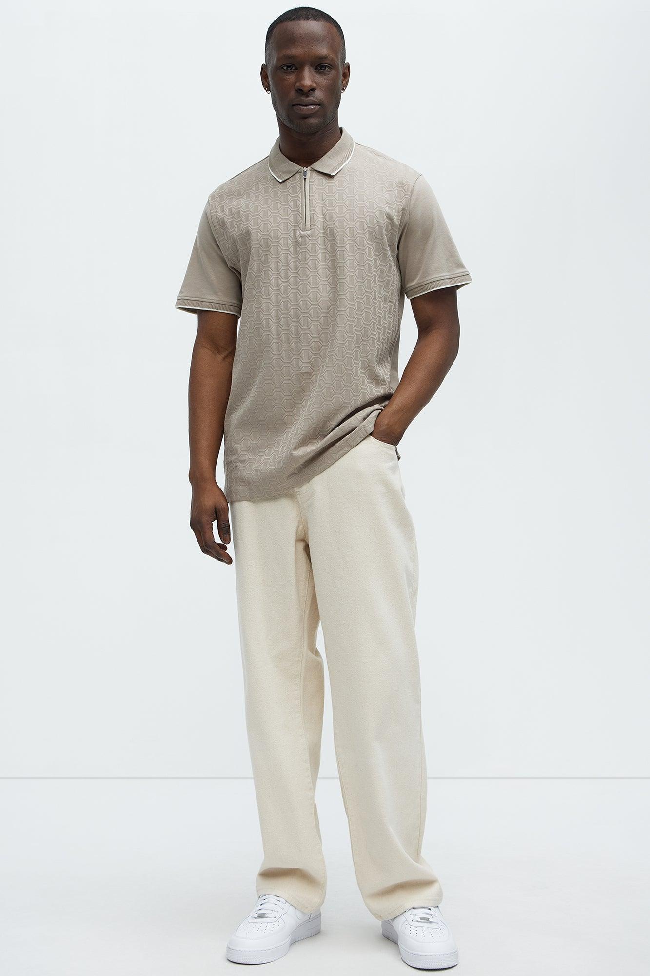 Geometric Textured Zip Polo - Taupe Product Image