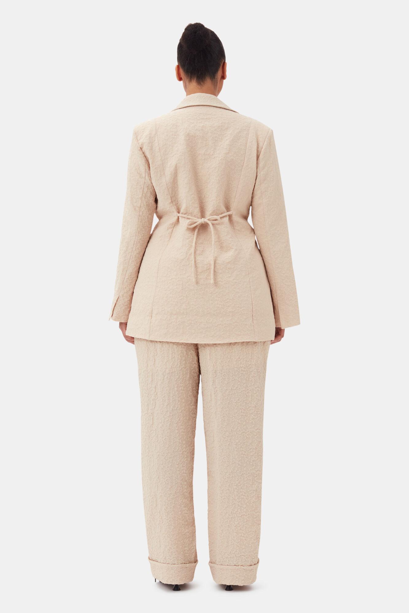Beige Textured Suiting Mid Waist Pants Product Image