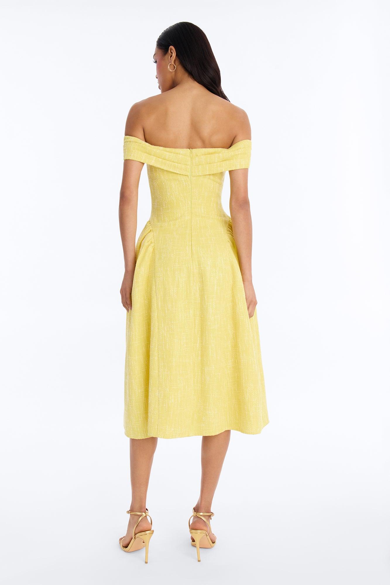 Paisley Off Shoulder Tweed Midi Dress - Yellow Female Product Image