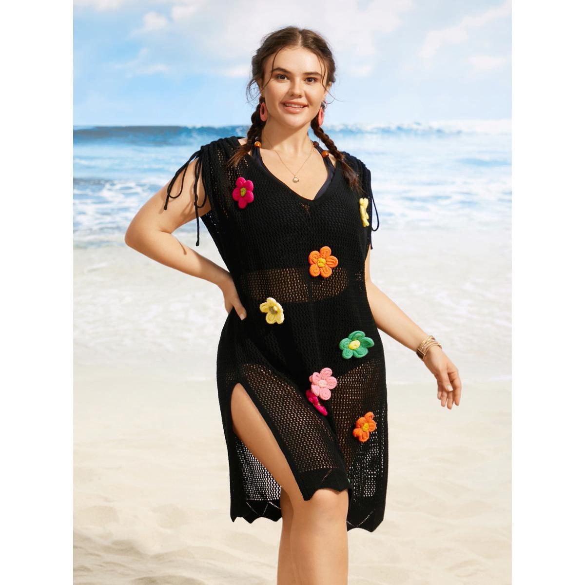 Plus Size Stereo Flower Design Drawstring Swim Cover Up Women's Swimwear Black Beach Loose Crochet Curve Swim Cover Ups BloomChic 26/4X Product Image