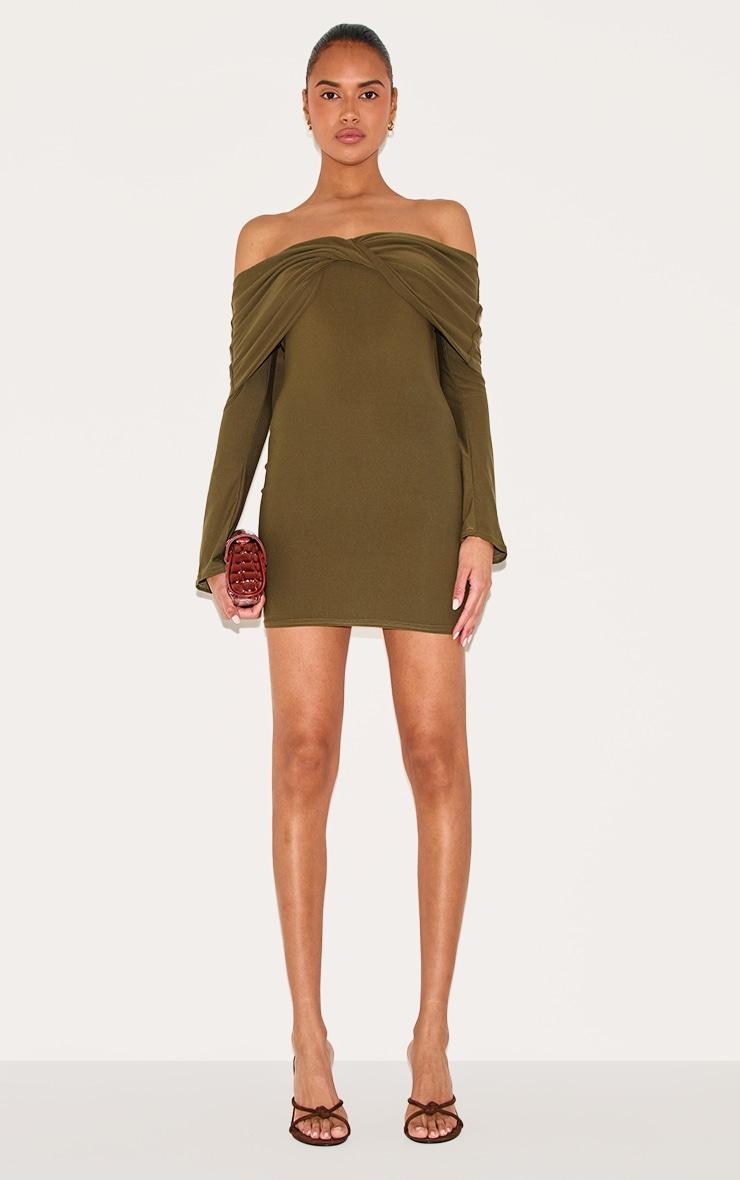 Khaki Soft Touch Twist Detail Bardot Bodycon Dress Product Image