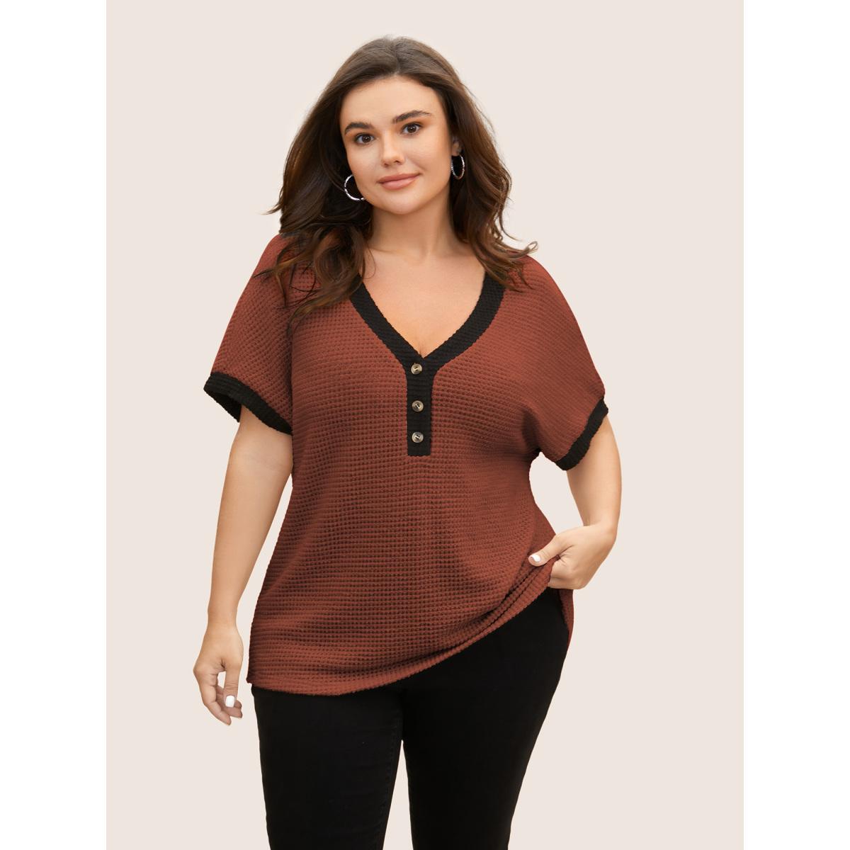 Plus Size V Neck Contrast Button Detail Knit T-shirt Rust Women Casual Texture V-neck Everyday T-shirts BloomChic 22-24/3X Product Image