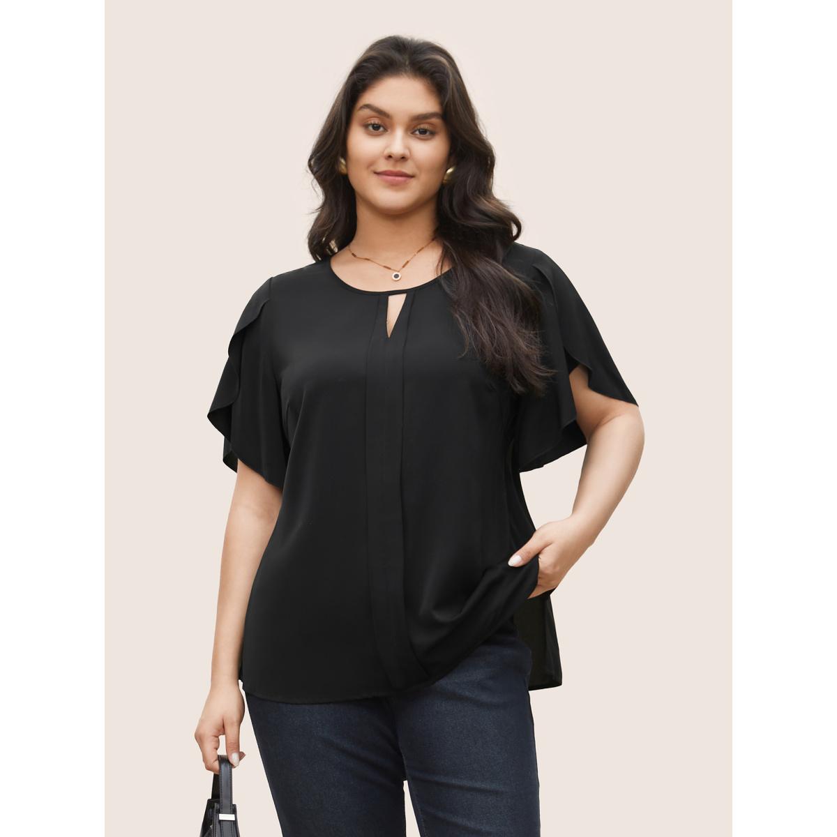 Plus Size Black Solid Keyhole Petal Sleeve Pleated Blouse Women Work From Home Short sleeve Notched collar Work Blouses BloomChic 14-16/1X Product Image