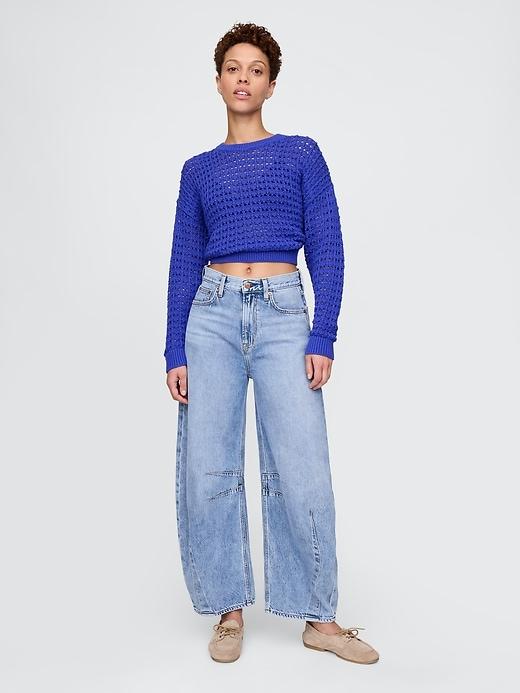 100% Cotton Crochet Crewneck Sweater Product Image