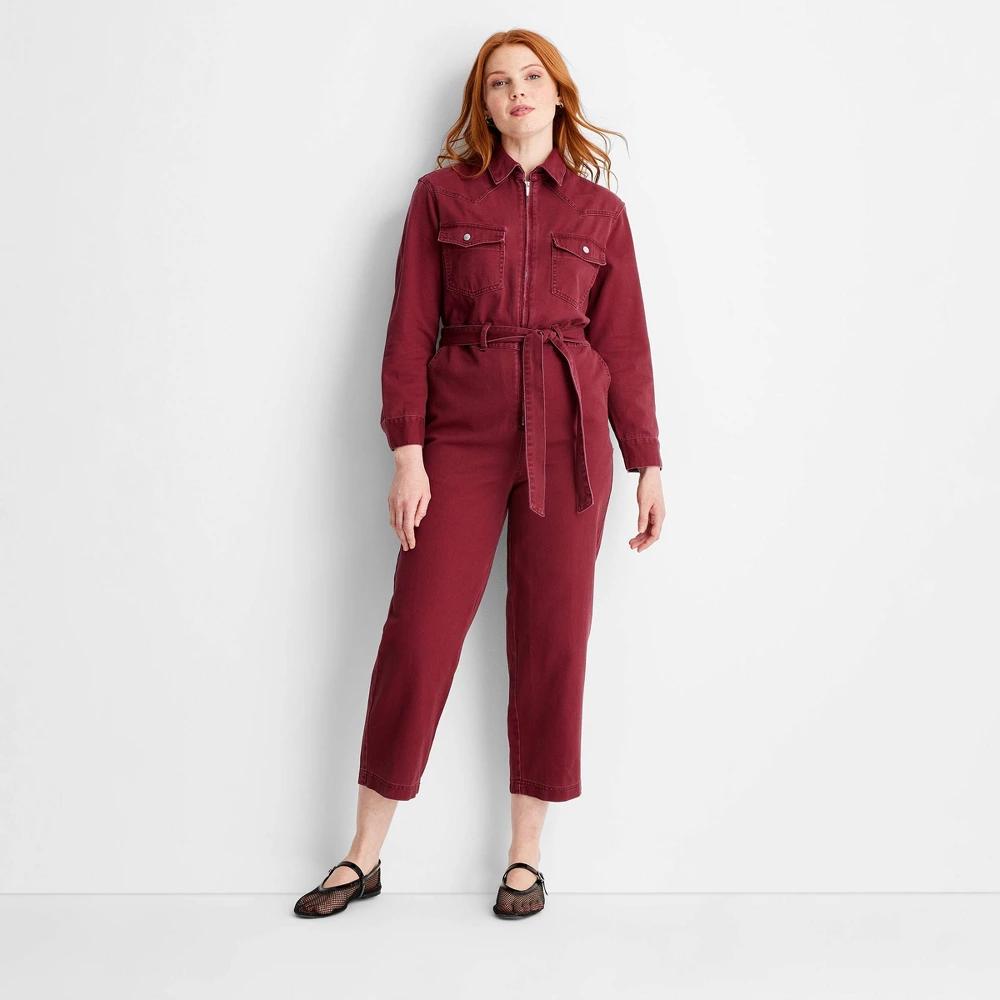 Women's Long Sleeve Zipper Jumpsuit - Future Collective Burgundy 1X: Cotton Blend, Recycled Material, Collared Neckline, Ankle Length Product Image