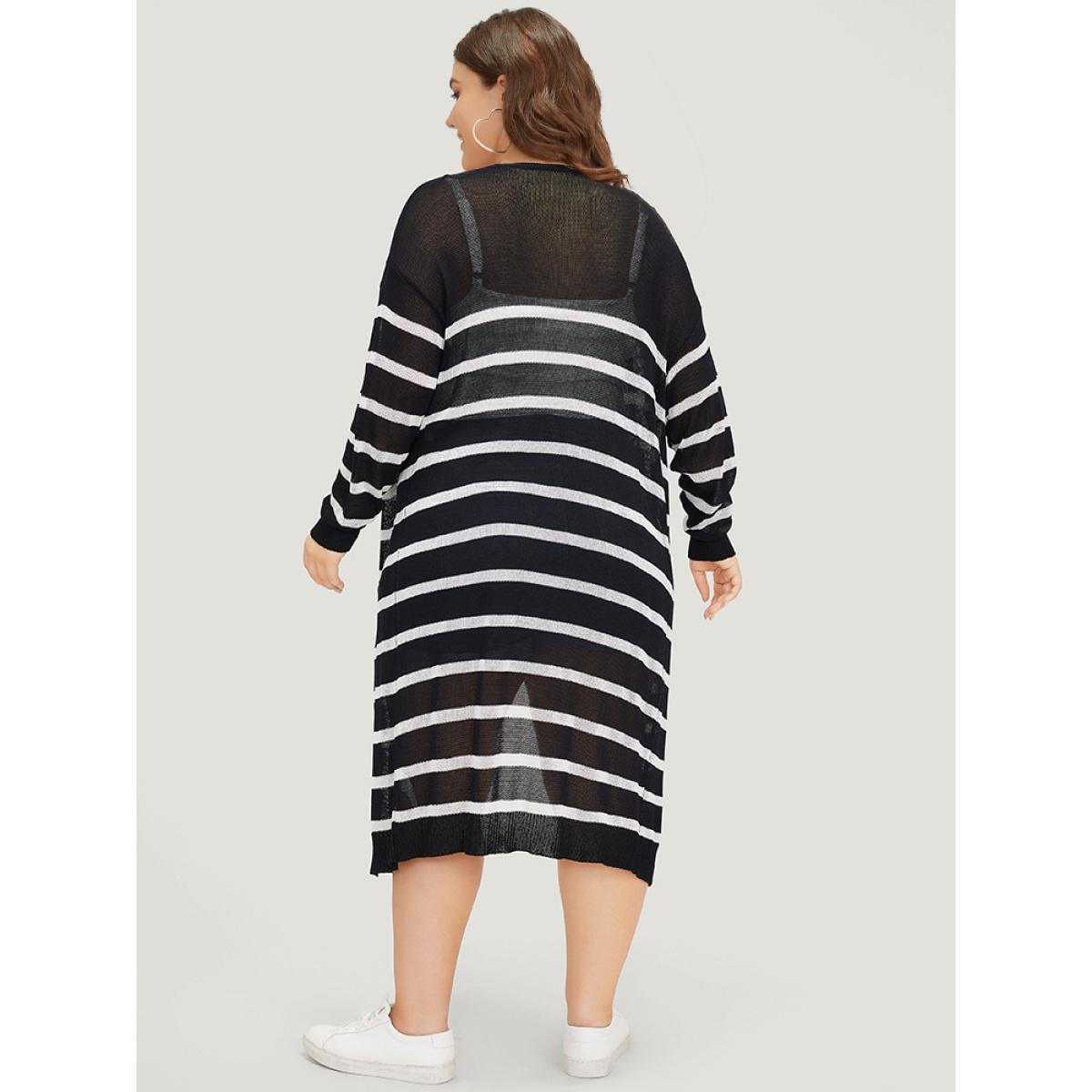 Plus Size Striped Open Front Elastic Cuffs Drop Shoulder Cardigan Black Women Casual Loose Long Sleeve Everyday Cardigans BloomChic 14-16/1X Product Image