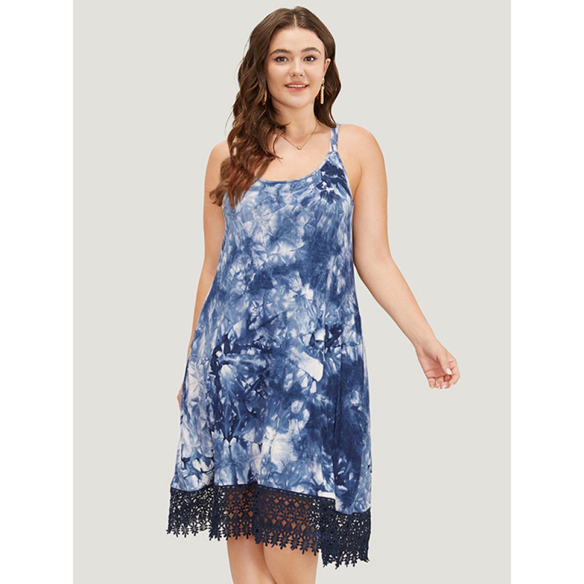 Plus Size Tie Dye Pocket Lace Hem Cami Dress Indigo Women Vacation Adjustable Straps Spaghetti Strap Sleeveless Curvy Midi Dress BloomChic 10/M Product Image