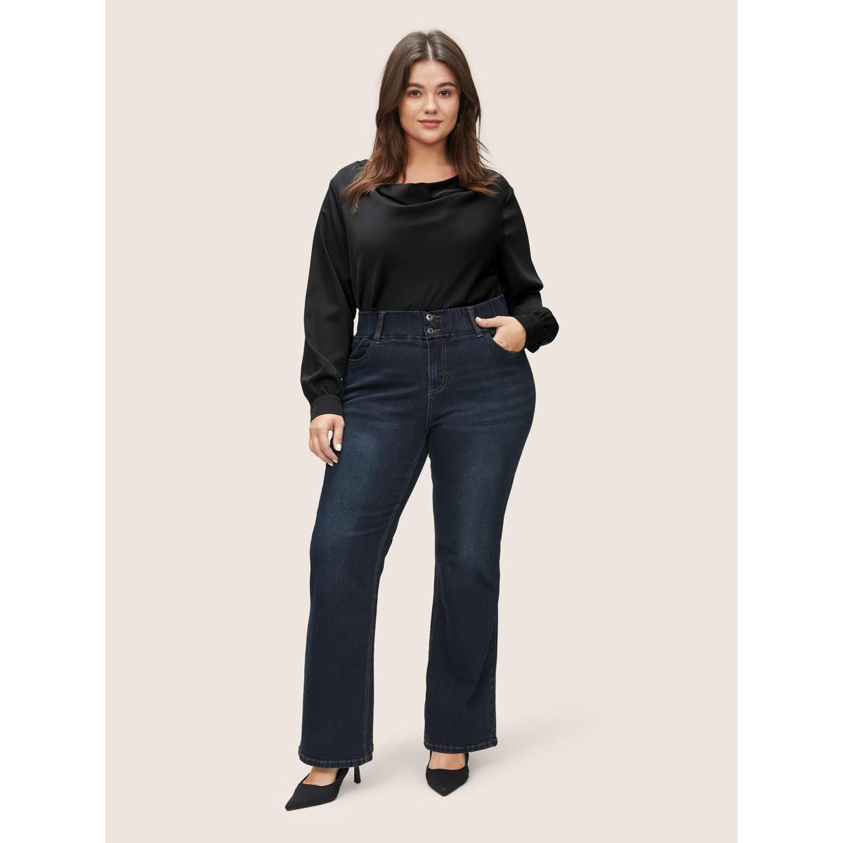 Plus Size Bootcut Elastic Waist Button Down Jeans Women Indigo Casual Plain Plain High stretch Pocket Jeans BloomChic 14/1X Product Image