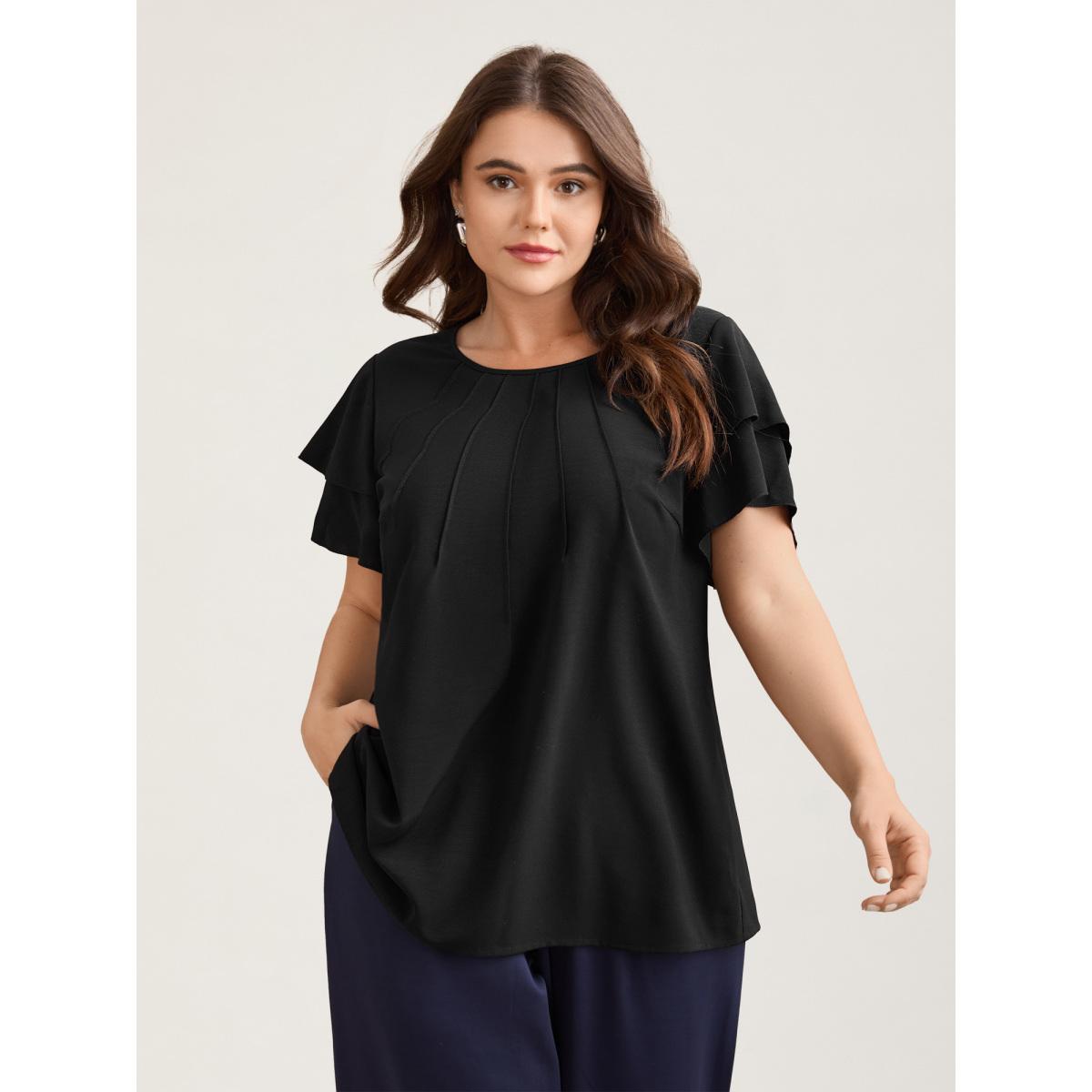 Plus Size Black Toothpick Pleat Layered Flutter Sleeve Blouse Women Office Short sleeve Round Neck Office Blouses BloomChic 22-24/3X Product Image