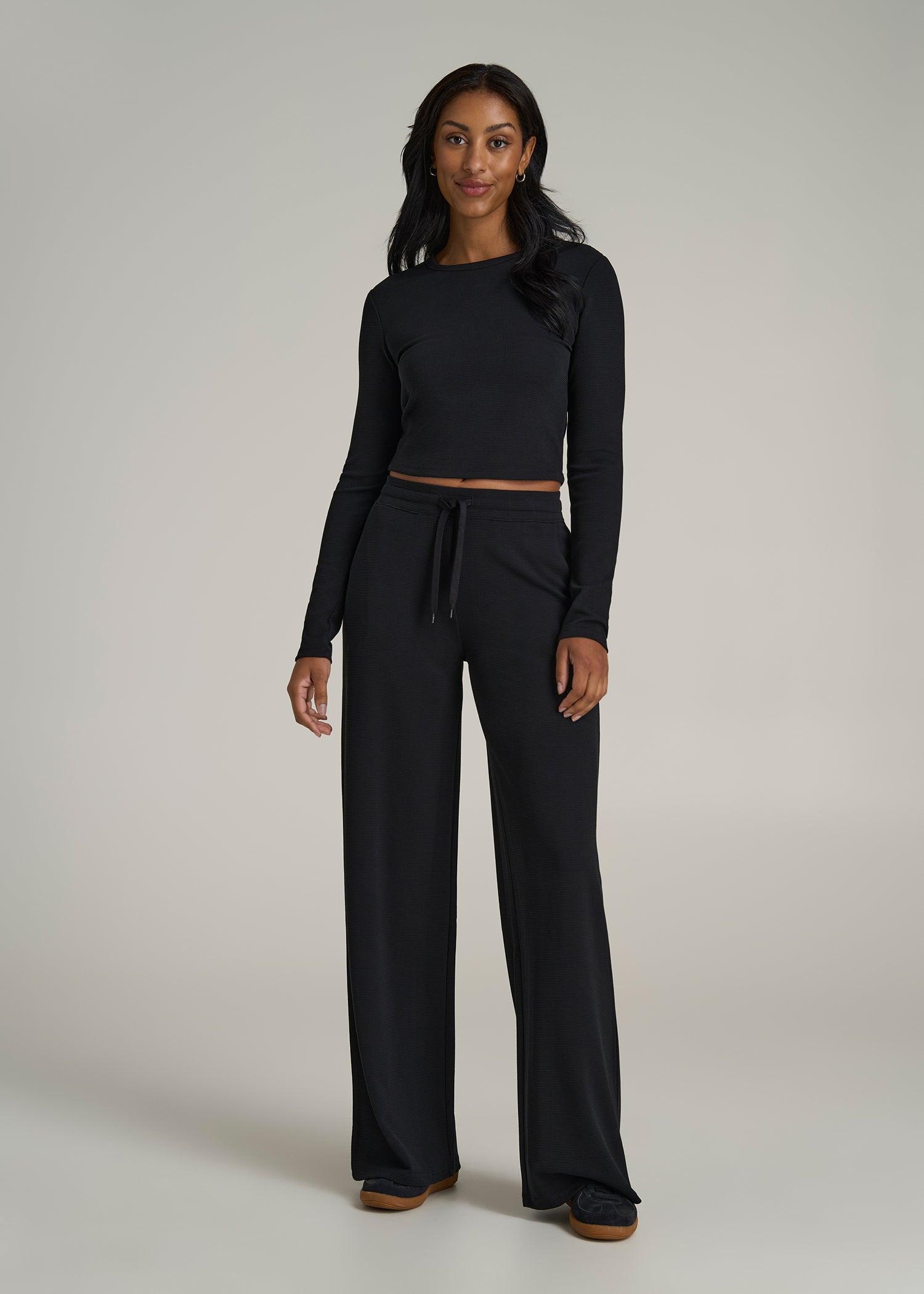 Mid-Rise Waffle Wide-Leg Pants for Tall Women in Black Female Product Image