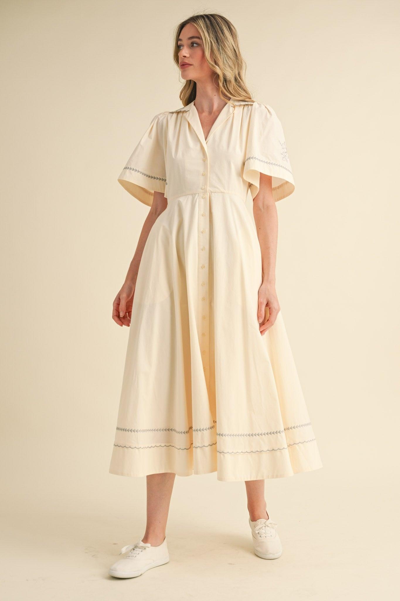 Embroidery Floral Button Down Maxi Dress Product Image