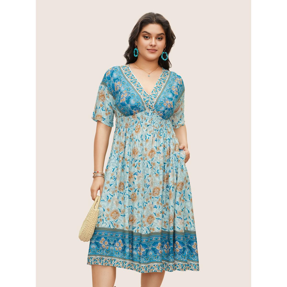 Plus Size Floral Dolman Sleeve Ruffles Shirred Split Hem Dress Turquoise Women Resort Non V-neck Short sleeve Curvy Midi Dress BloomChic 12/L Product Image