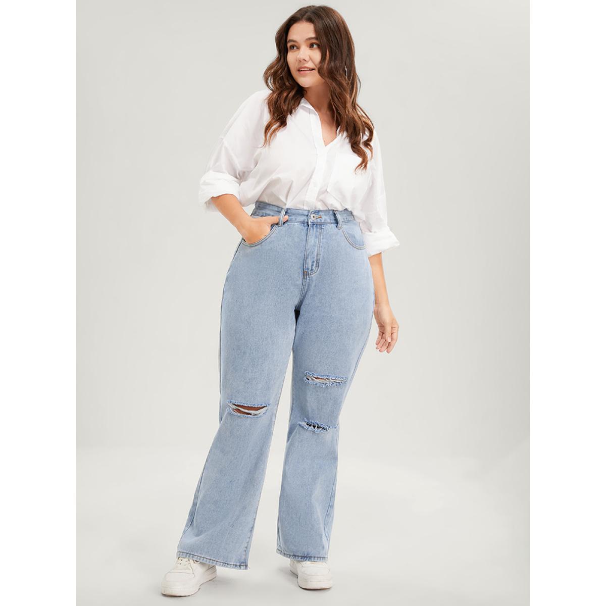 Plus Size Boyfriend Wide Leg Non Stretchy High Rise Light Wash Distressed Jeans Women LightBlue Casual Plain Distressed No stretch Pocket Jeans BloomChic 16/1X Product Image