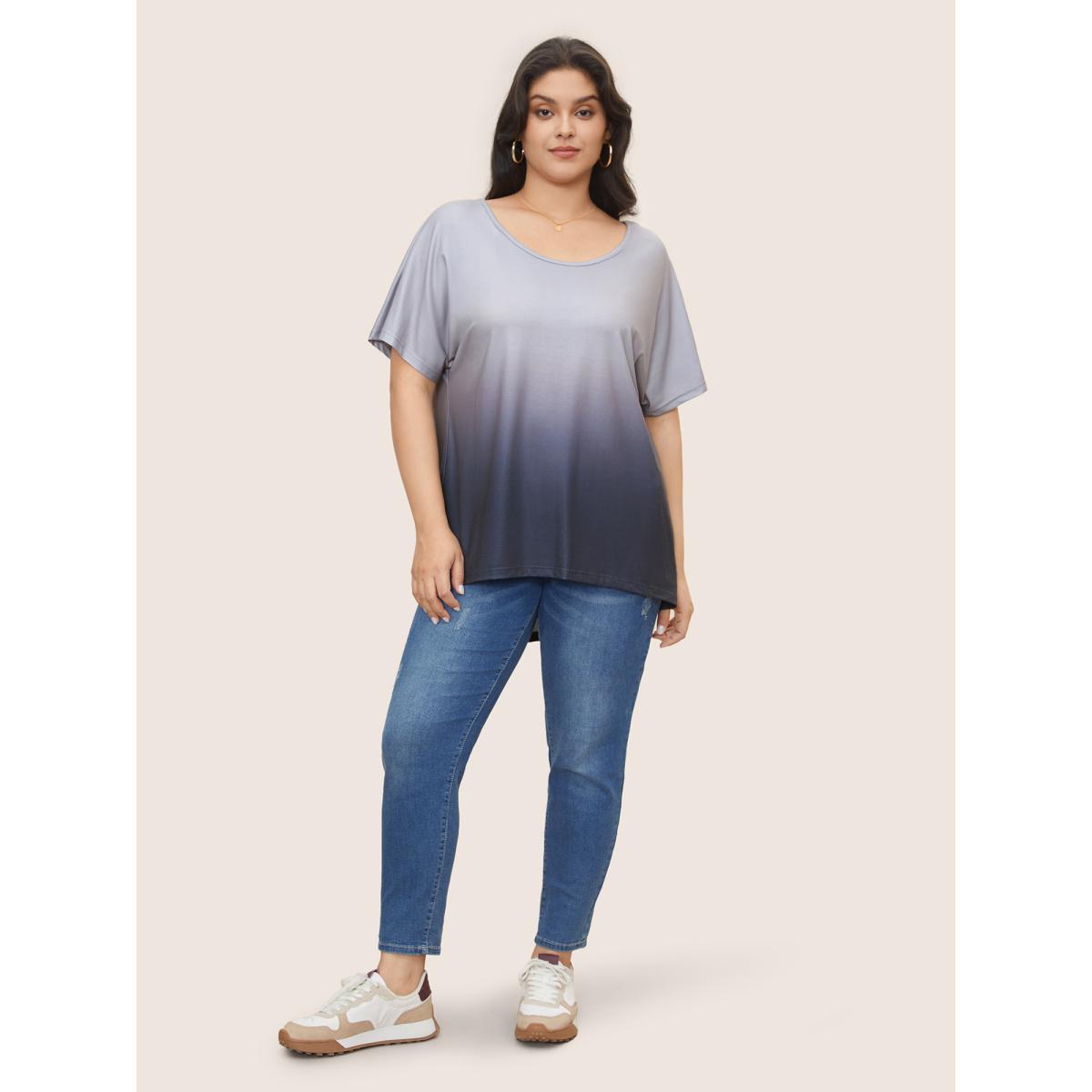 Plus Size Ombre Round Neck Batwing Sleeve T-shirt Gray Women Casual U-neck Everyday T-shirts BloomChic 10/M Product Image