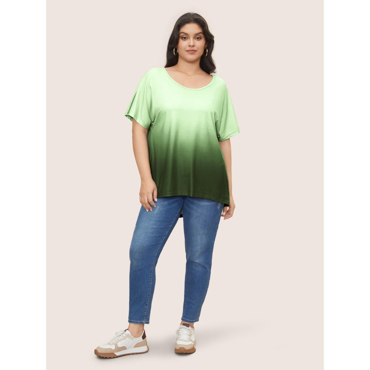 Plus Size Ombre Round Neck Batwing Sleeve T-shirt DarkGreen Women Casual U-neck Everyday T-shirts BloomChic 10/M Product Image